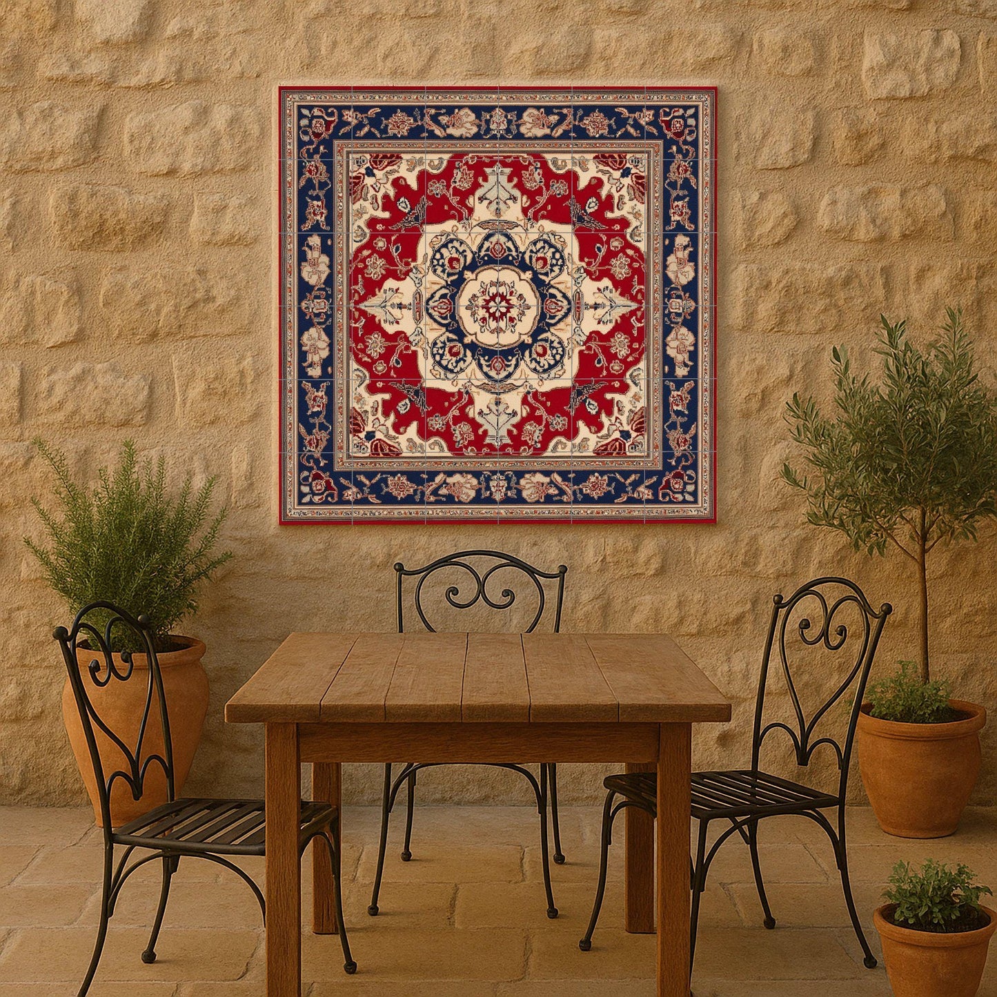 Azerbaijani ceramic mural with ornamental medallion and decorative tiles in deep red and indigo, mural art with traditional motifs.