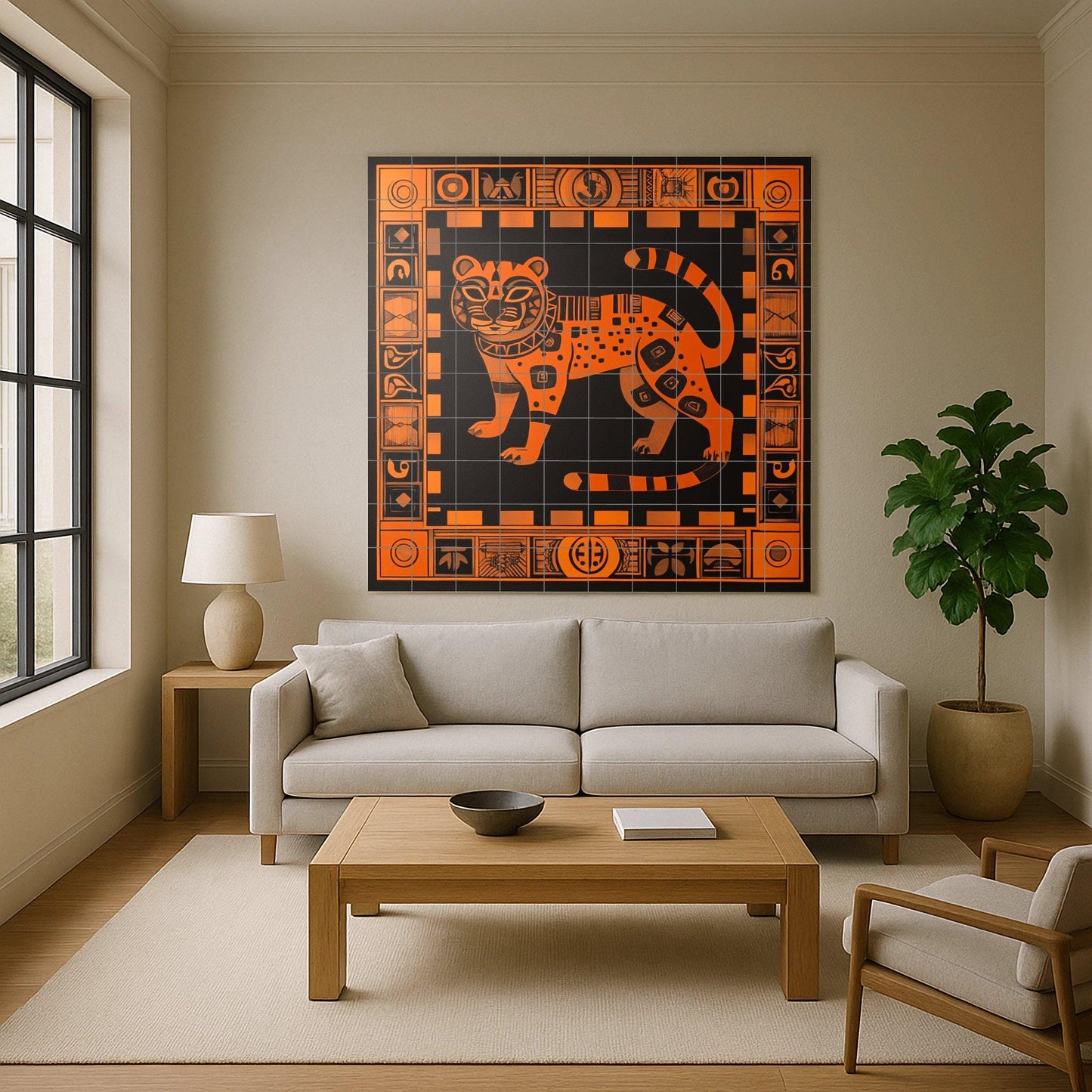 Aztec jaguar ceramic mural in burnt orange and black, tribal geometric mural art, mythical feline tiles with decorative symbolic border.