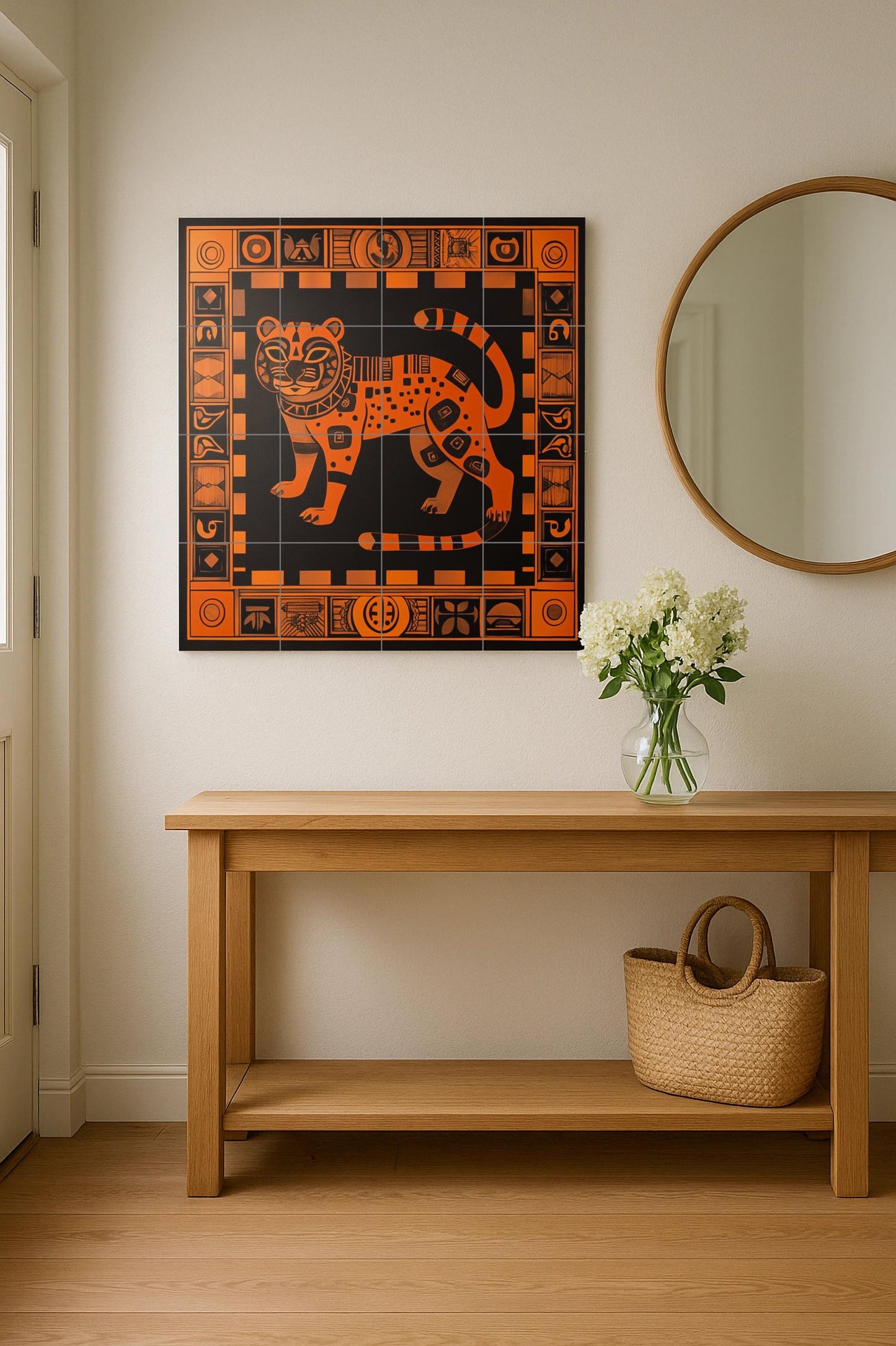 Aztec jaguar ceramic mural in burnt orange and black, tribal geometric mural art, mythical feline tiles with decorative symbolic border.