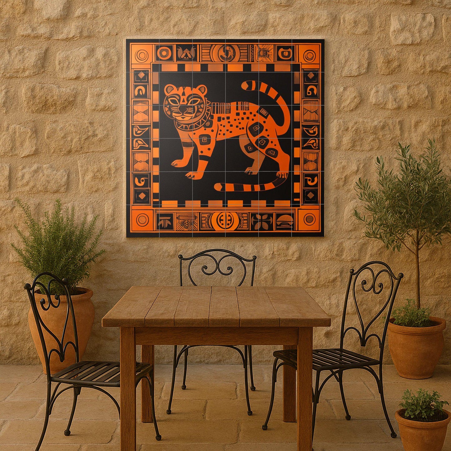 Aztec jaguar ceramic mural in burnt orange and black, tribal geometric mural art, mythical feline tiles with decorative symbolic border.