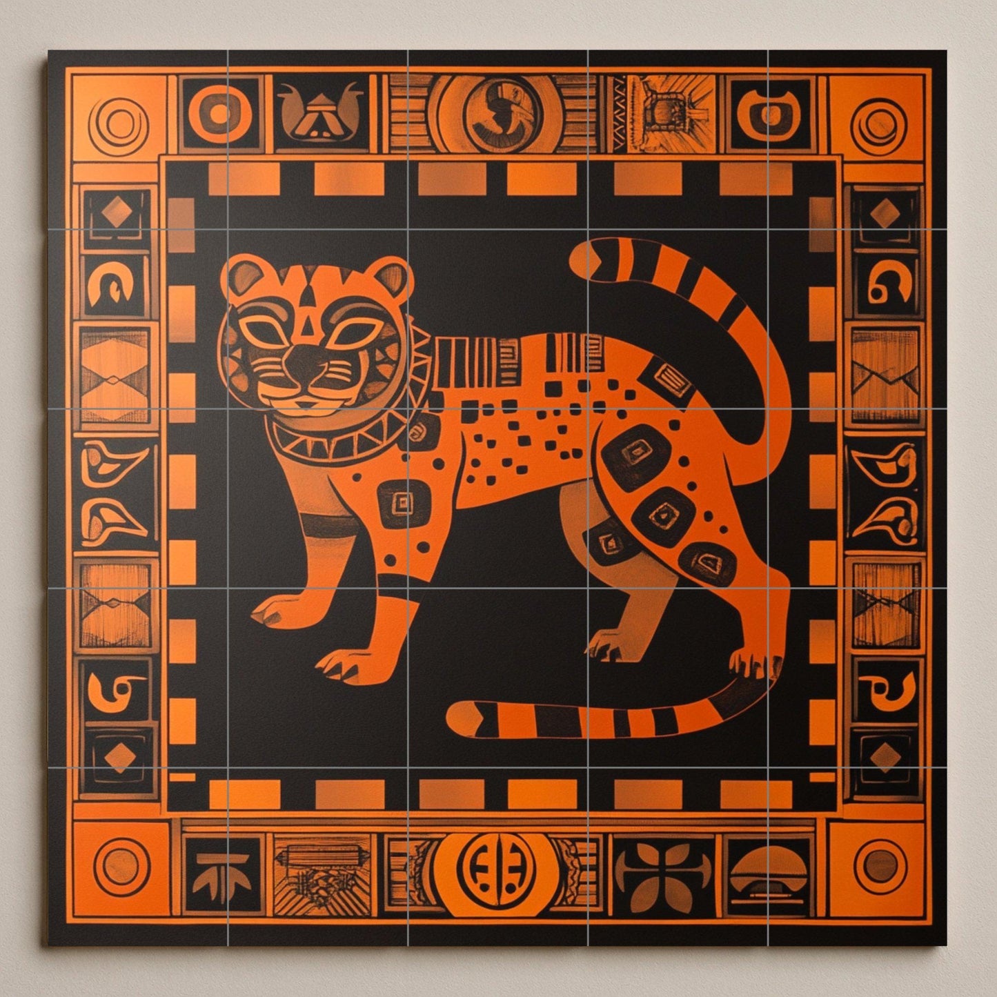 Aztec jaguar ceramic mural in burnt orange and black, tribal geometric mural art, mythical feline tiles with decorative symbolic border.