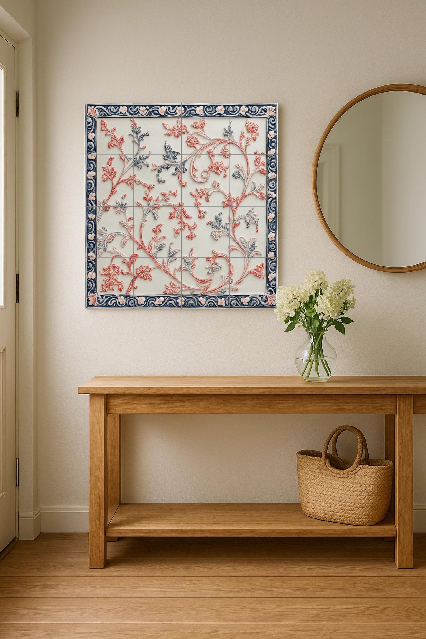 Elegant ceramic mural with botanical scrolls, artistic floral wall art, decorative tiles for interior design and timeless decoration.