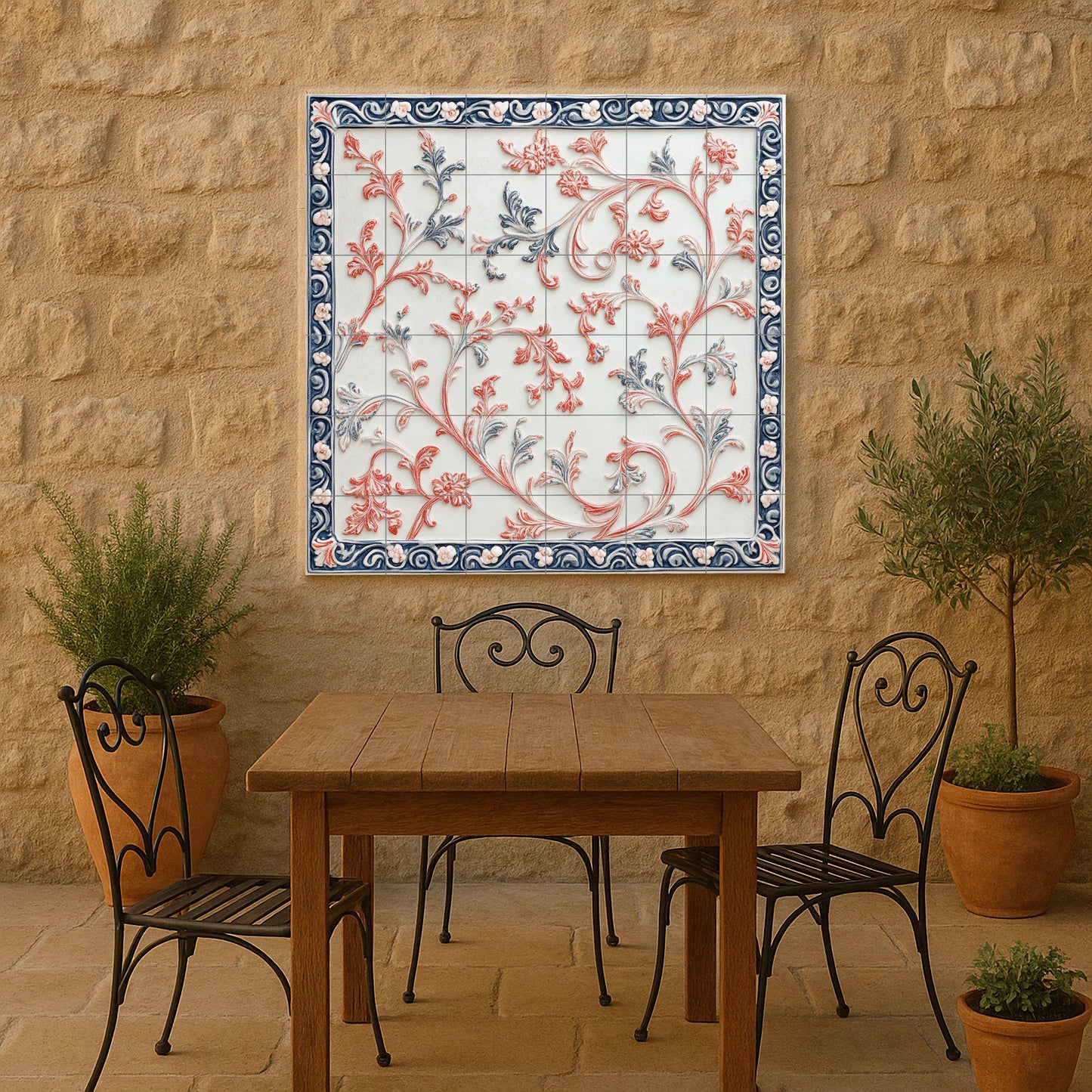 Elegant ceramic mural with botanical scrolls, artistic floral wall art, decorative tiles for interior design and timeless decoration.