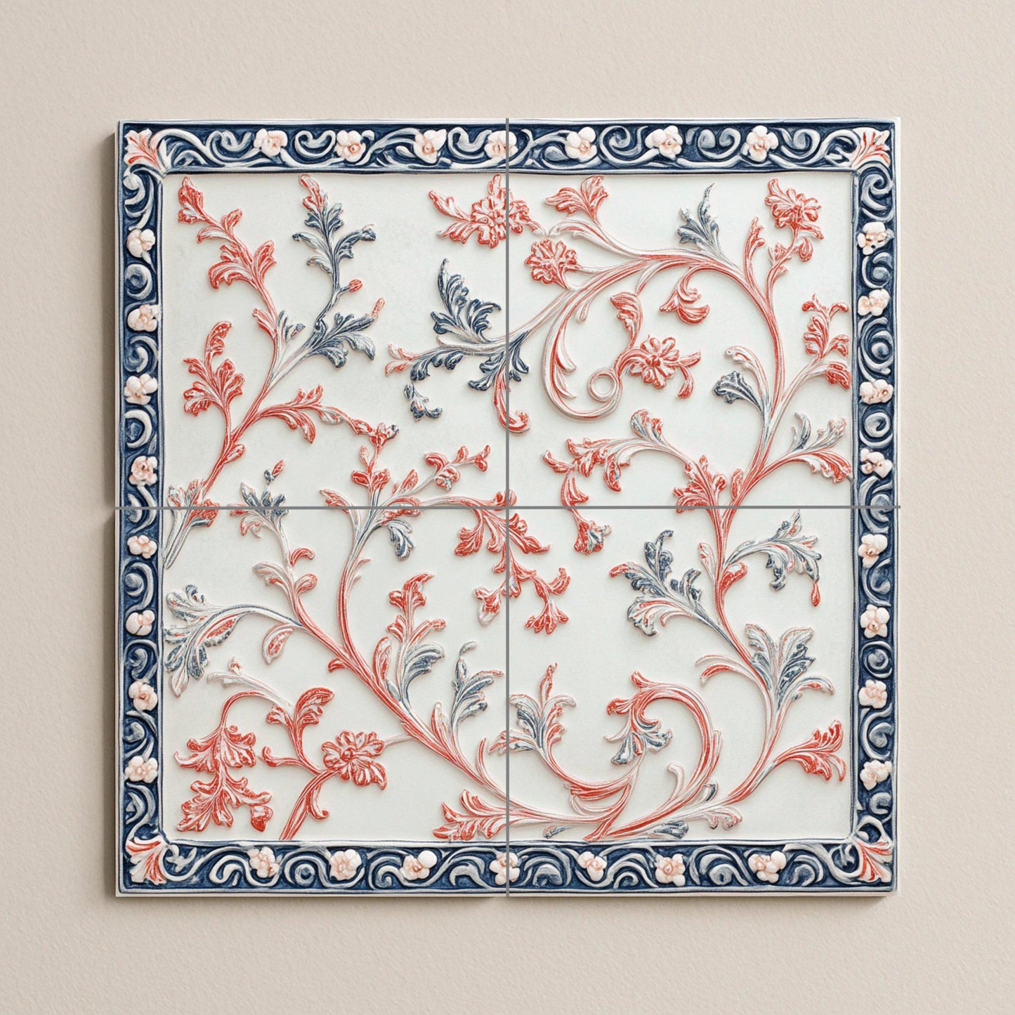Elegant ceramic mural with botanical scrolls, artistic floral wall art, decorative tiles for interior design and timeless decoration.