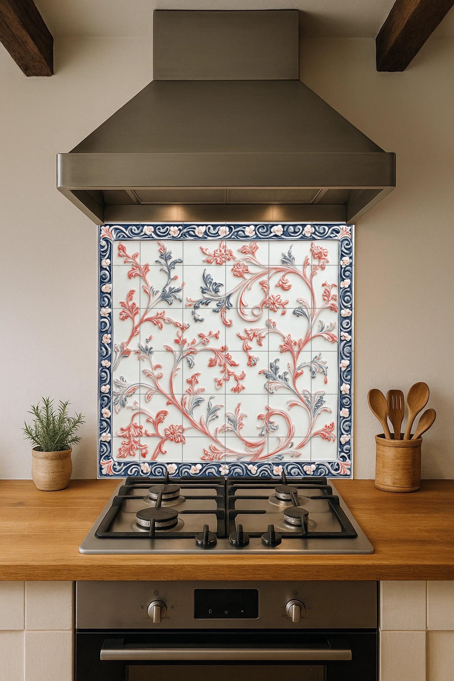 Elegant ceramic mural with botanical scrolls, artistic floral wall art, decorative tiles for interior design and timeless decoration.