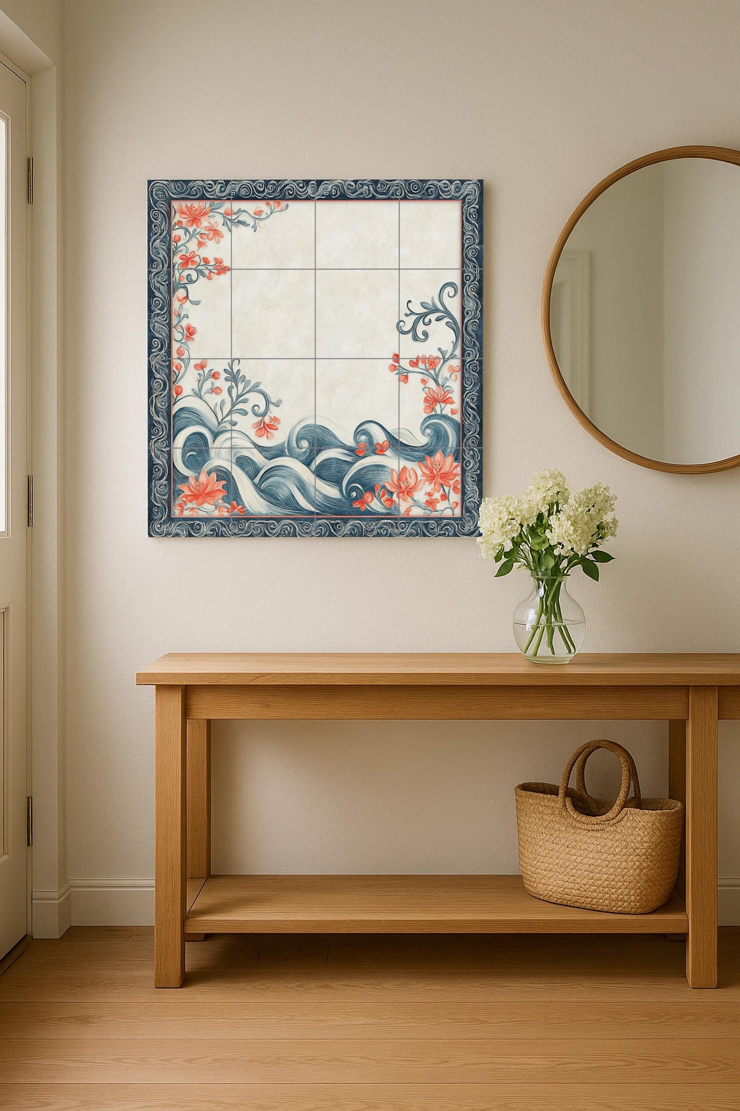 Ceramic mural with motifs of Bahraini pearls, coral flowers, sea waves, calligraphic borders and artisanal elegance.