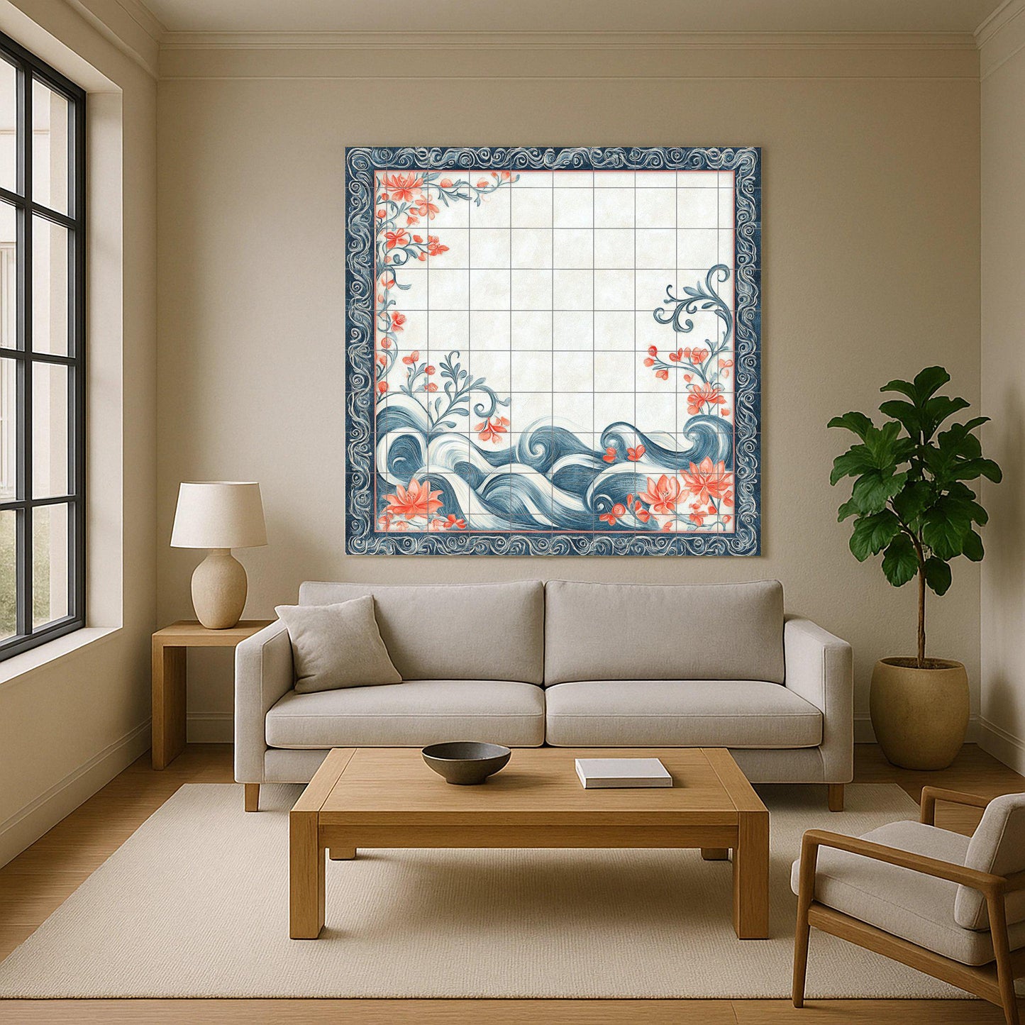 Ceramic mural with motifs of Bahraini pearls, coral flowers, sea waves, calligraphic borders and artisanal elegance.