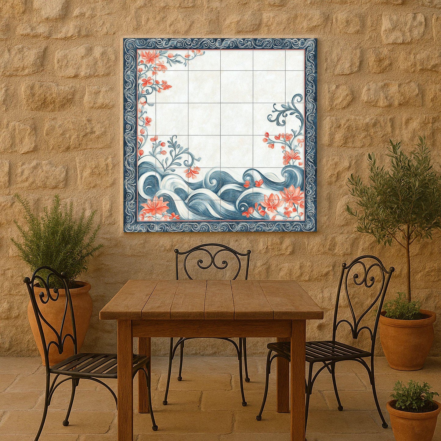 Ceramic mural with motifs of Bahraini pearls, coral flowers, sea waves, calligraphic borders and artisanal elegance.