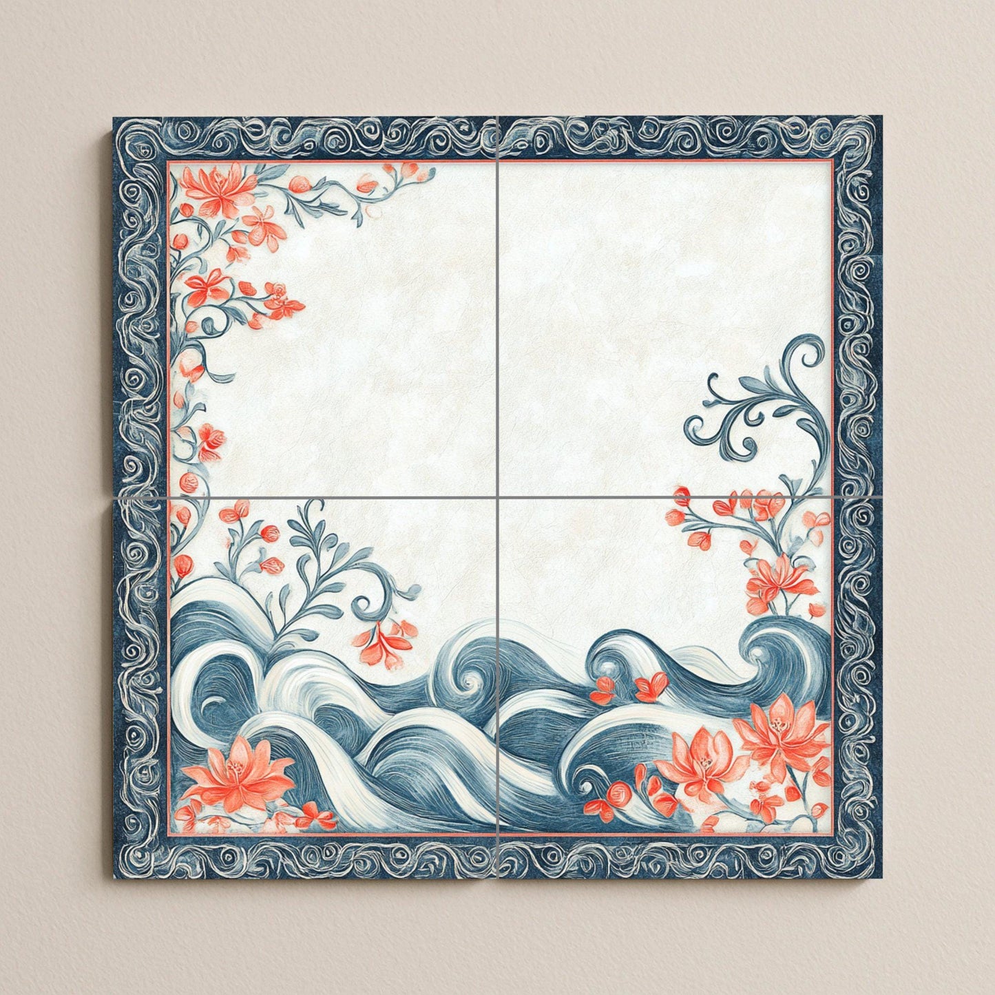 Ceramic mural with motifs of Bahraini pearls, coral flowers, sea waves, calligraphic borders and artisanal elegance.