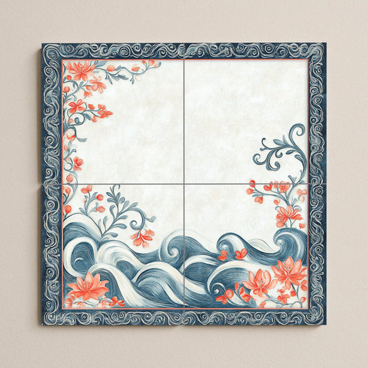 Ceramic mural with motifs of Bahraini pearls, coral flowers, sea waves, calligraphic borders and artisanal elegance.