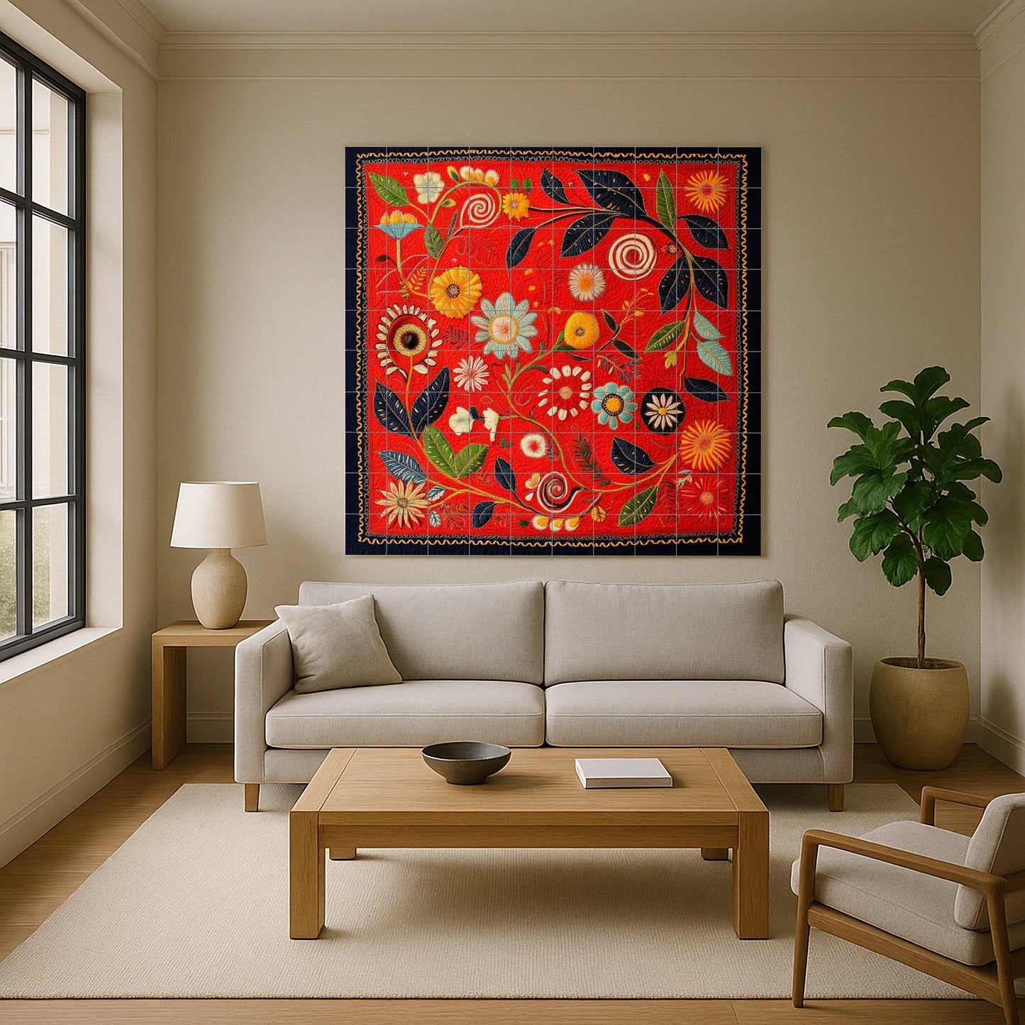 Deep red ceramic mural with botanical swirls, spiraling flowers, golden flowers and a decorative artistic touch.