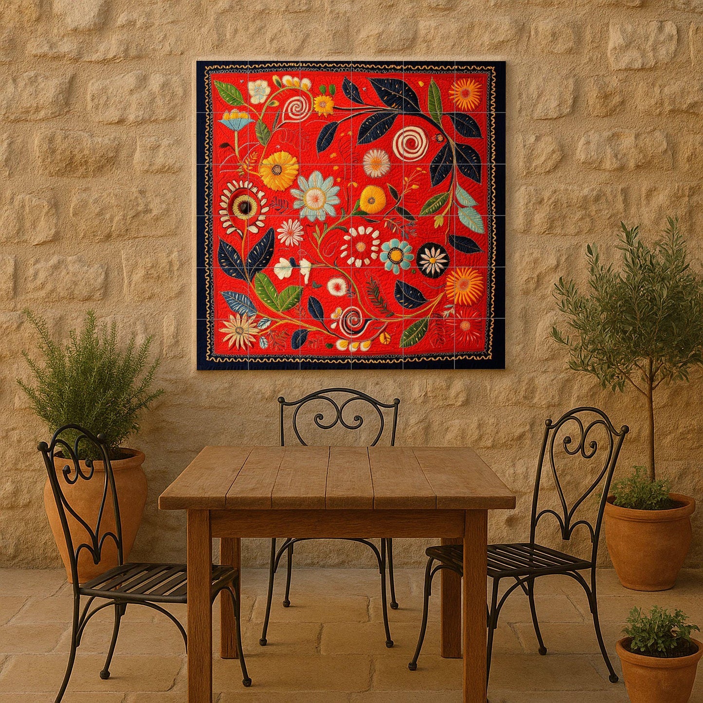 Deep red ceramic mural with botanical swirls, spiraling flowers, golden flowers and a decorative artistic touch.