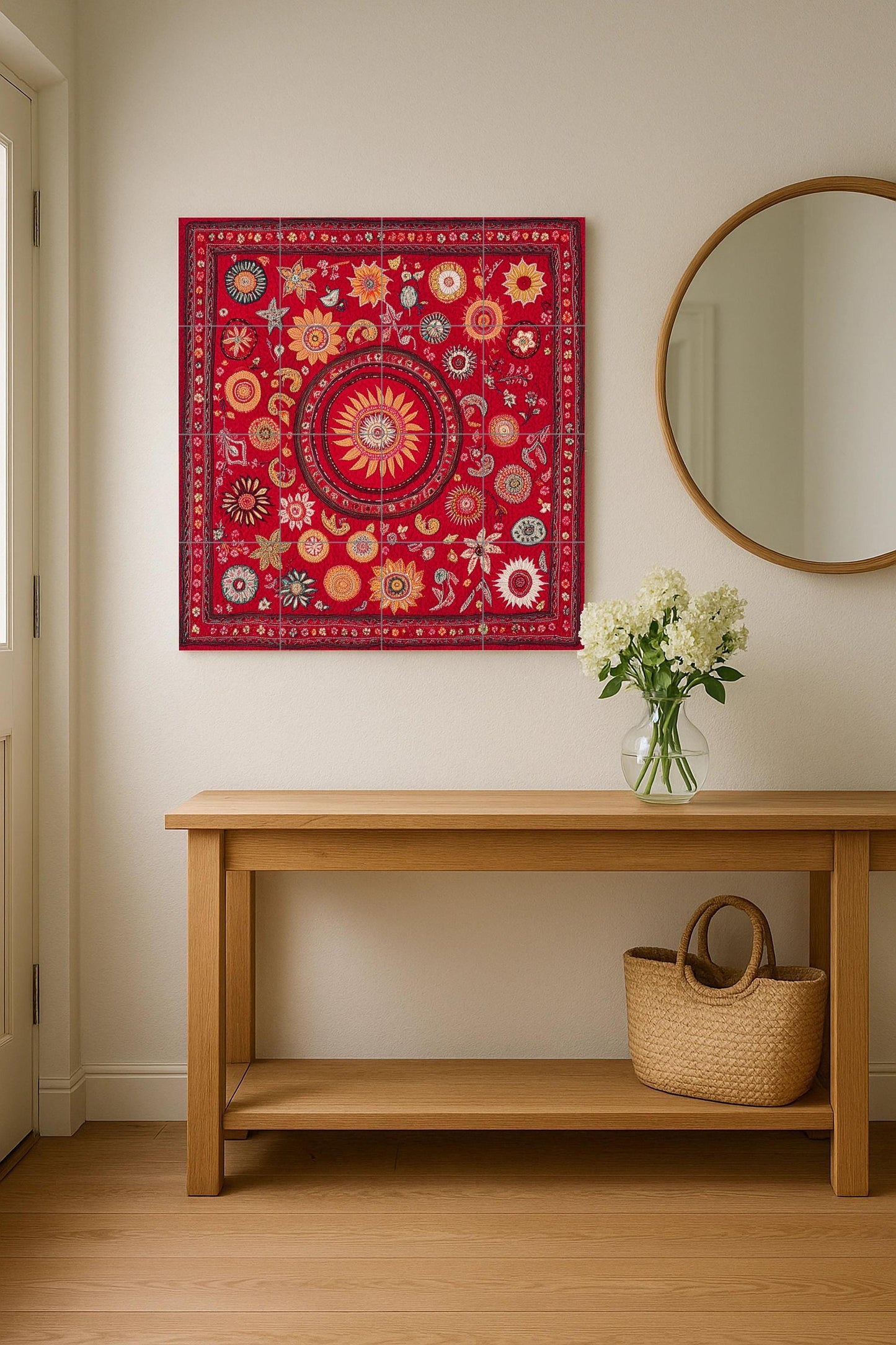 Ceramic mural: design inspired by Bangladeshi culture, featuring a radiant sun, geometric floral symbols, and heritage patterns of the city.