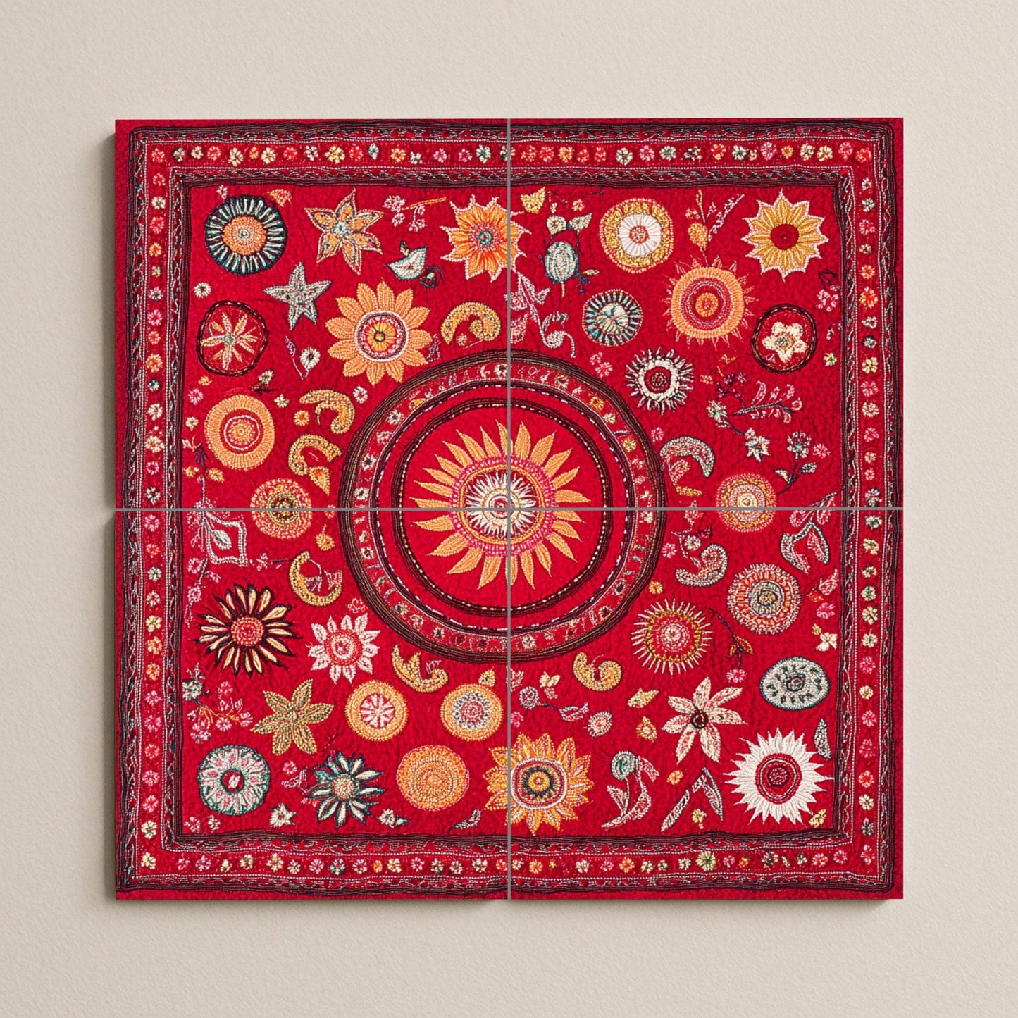 Ceramic mural: design inspired by Bangladeshi culture, featuring a radiant sun, geometric floral symbols, and heritage patterns of the city.
