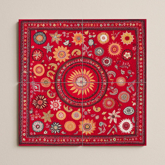Ceramic mural: design inspired by Bangladeshi culture, featuring a radiant sun, geometric floral symbols, and heritage patterns of the city.