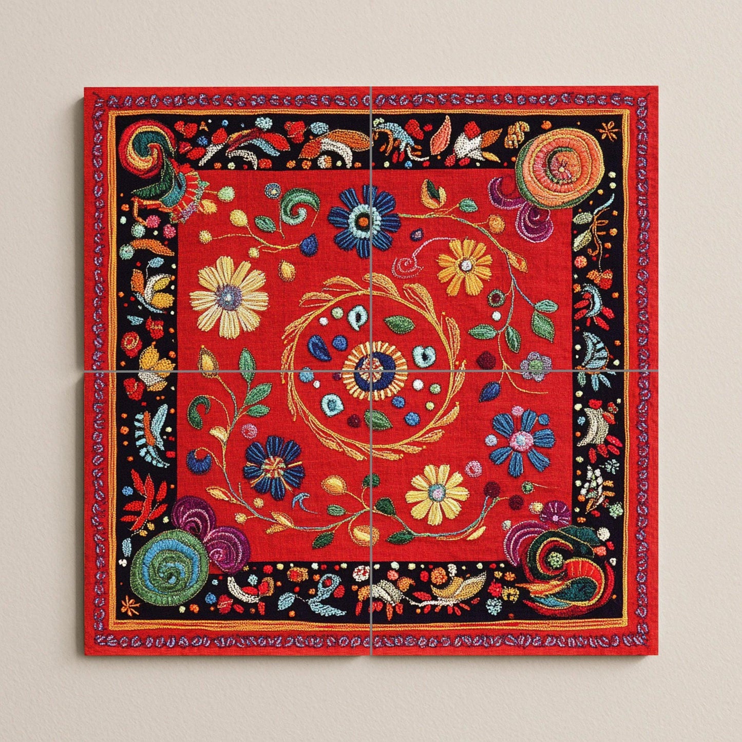 Ceramic mural: floral design inspired by the Nakshi Kantha of Bangladesh, red embroidered motifs with spirals and traditional stitch border.