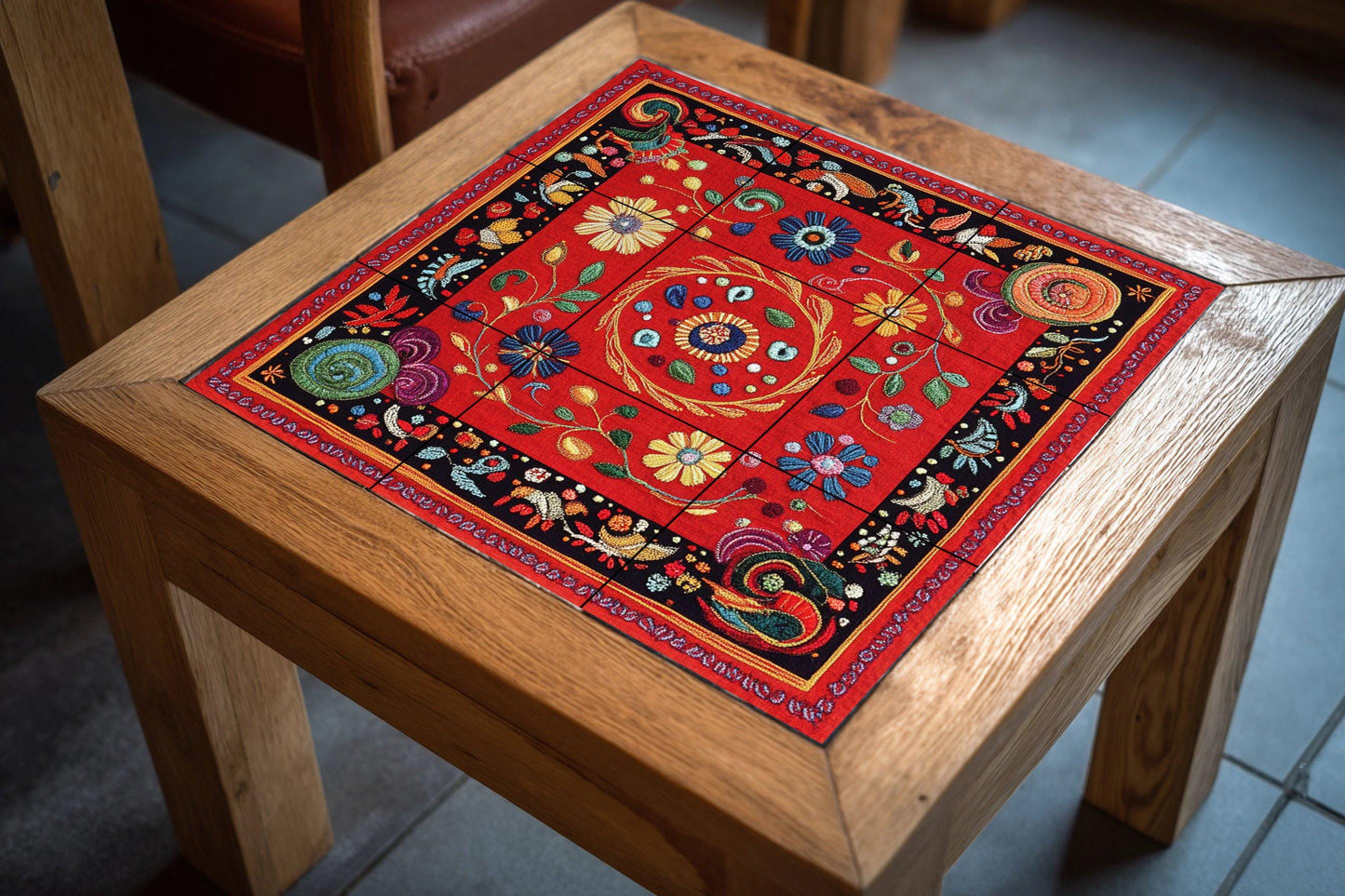 Ceramic mural: floral design inspired by the Nakshi Kantha of Bangladesh, red embroidered motifs with spirals and traditional stitch border.