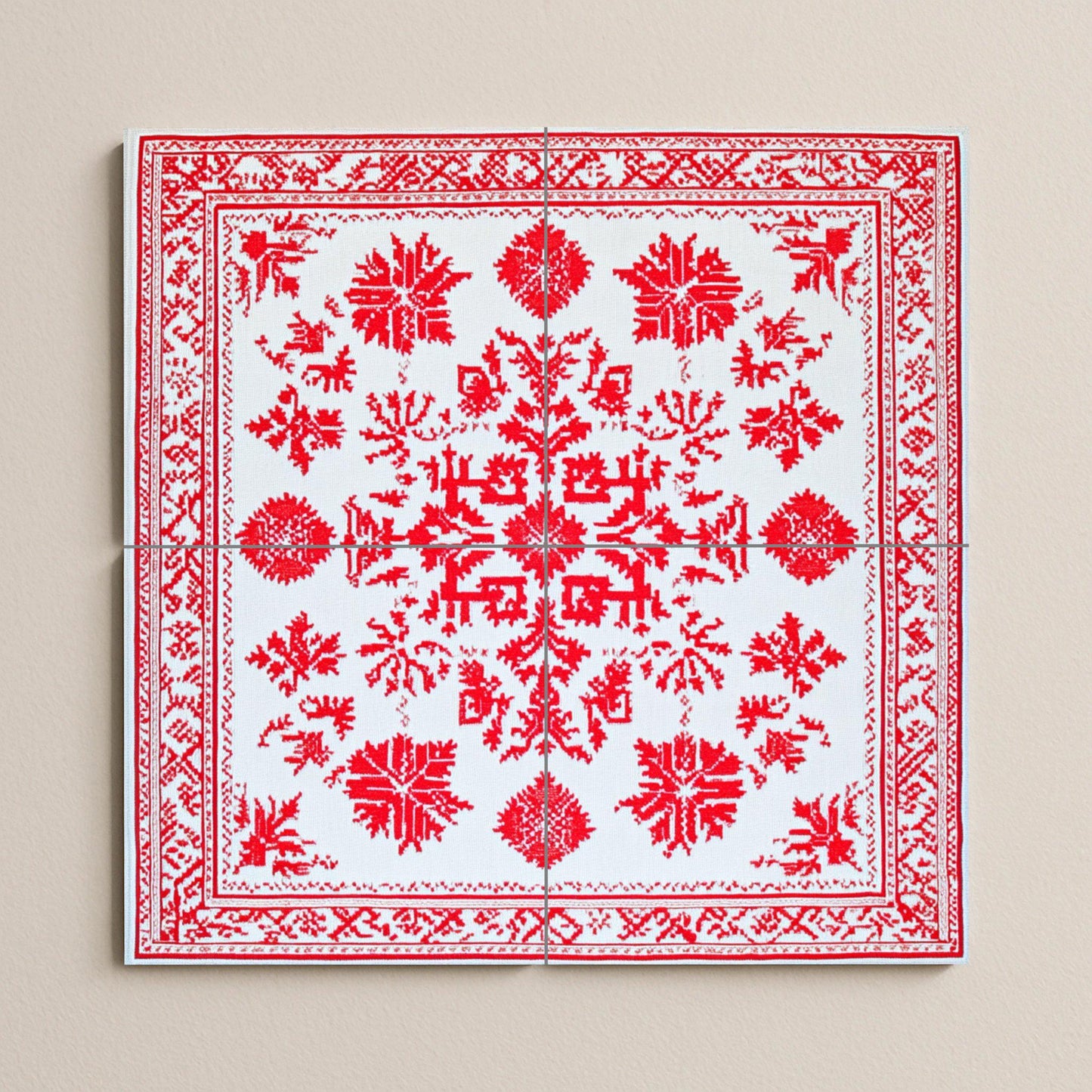 Ceramic mural: design inspired by red geometric embroidery, traditional urban motifs with ornamental borders on white tiles.