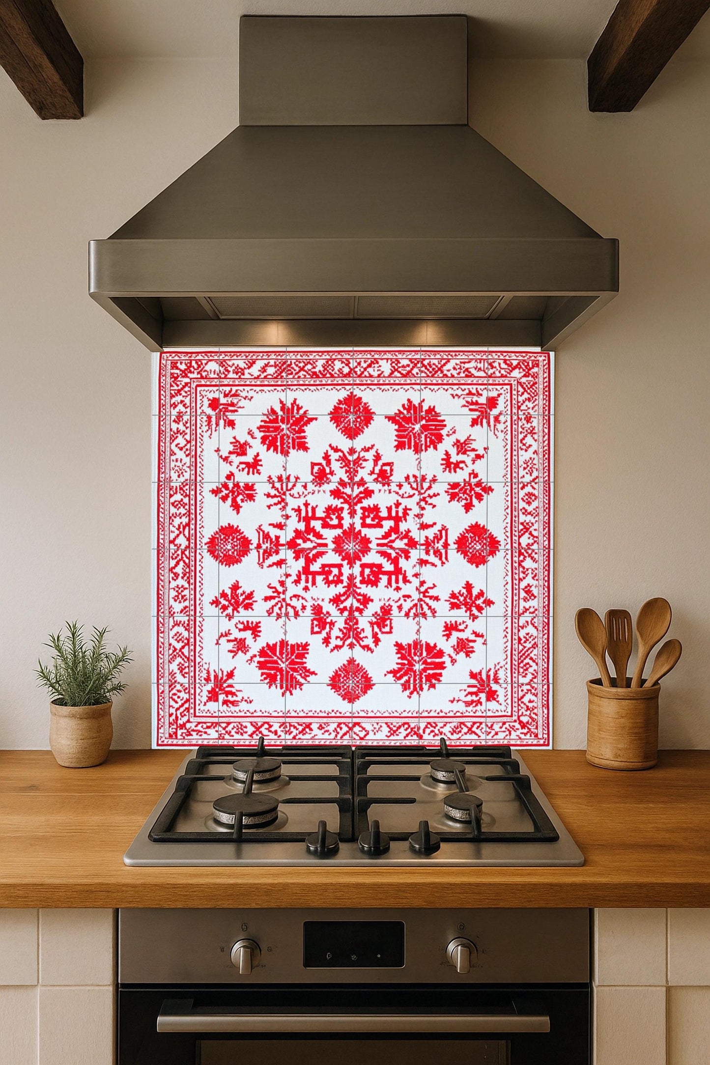 Ceramic mural: design inspired by red geometric embroidery, traditional urban motifs with ornamental borders on white tiles.