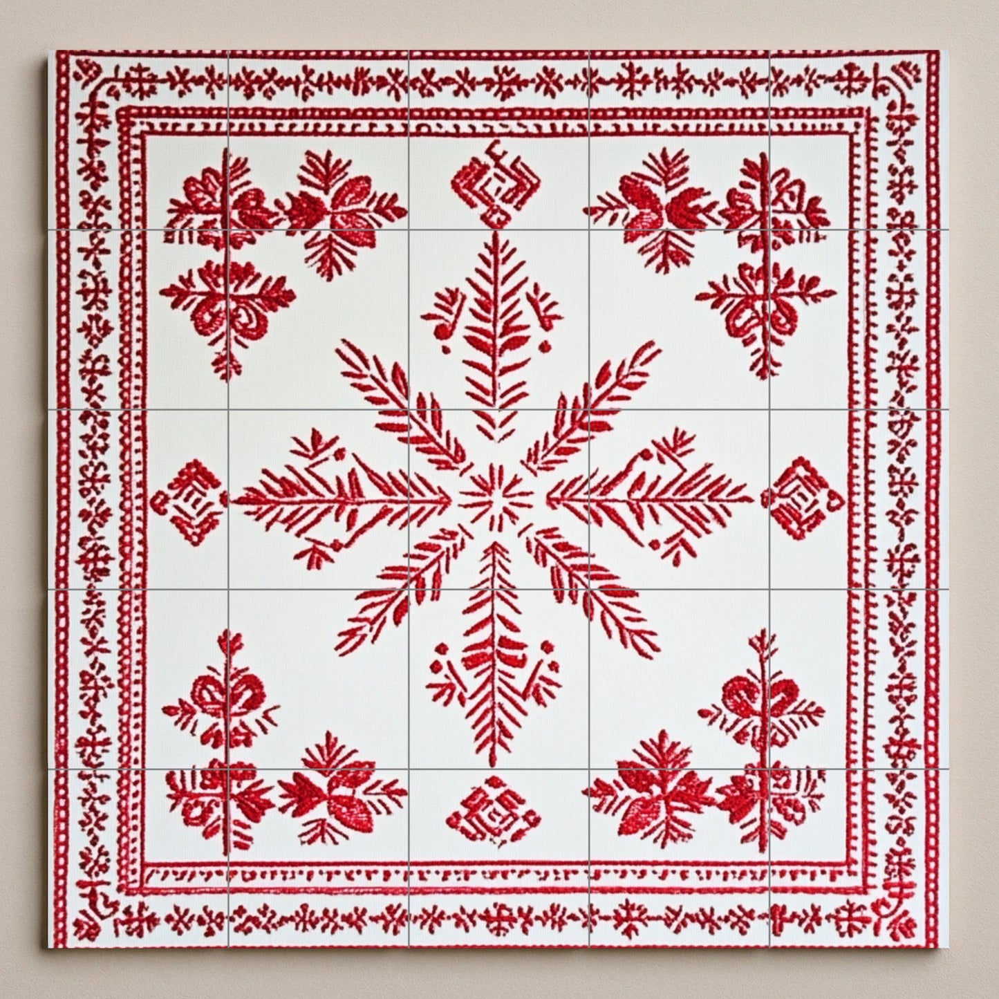 Ceramic mural: design inspired by the Belarusian Vyshyvanka, with red embroidered motifs and a popular geometric pattern on white tiles.