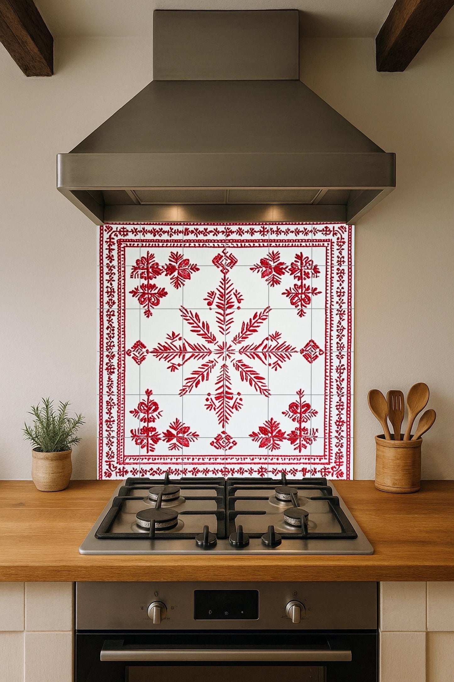 Ceramic mural: design inspired by the Belarusian Vyshyvanka, with red embroidered motifs and a popular geometric pattern on white tiles.