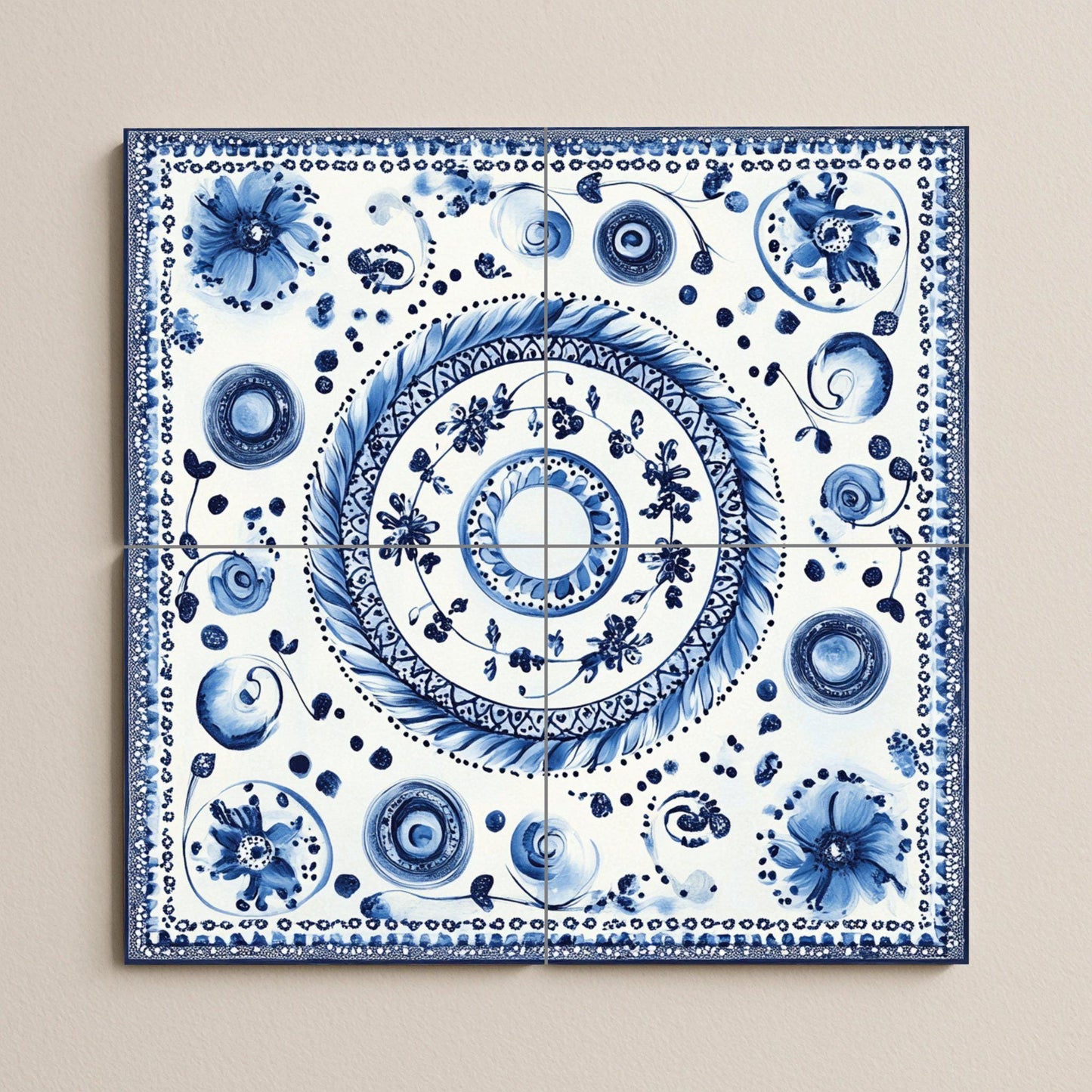 Blue ceramic mural: Bohemian floral spirals and dotted motifs, Modrotisk-inspired design with elegant lace border.