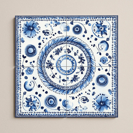 Blue ceramic mural: Bohemian floral spirals and dotted motifs, Modrotisk-inspired design with elegant lace border.