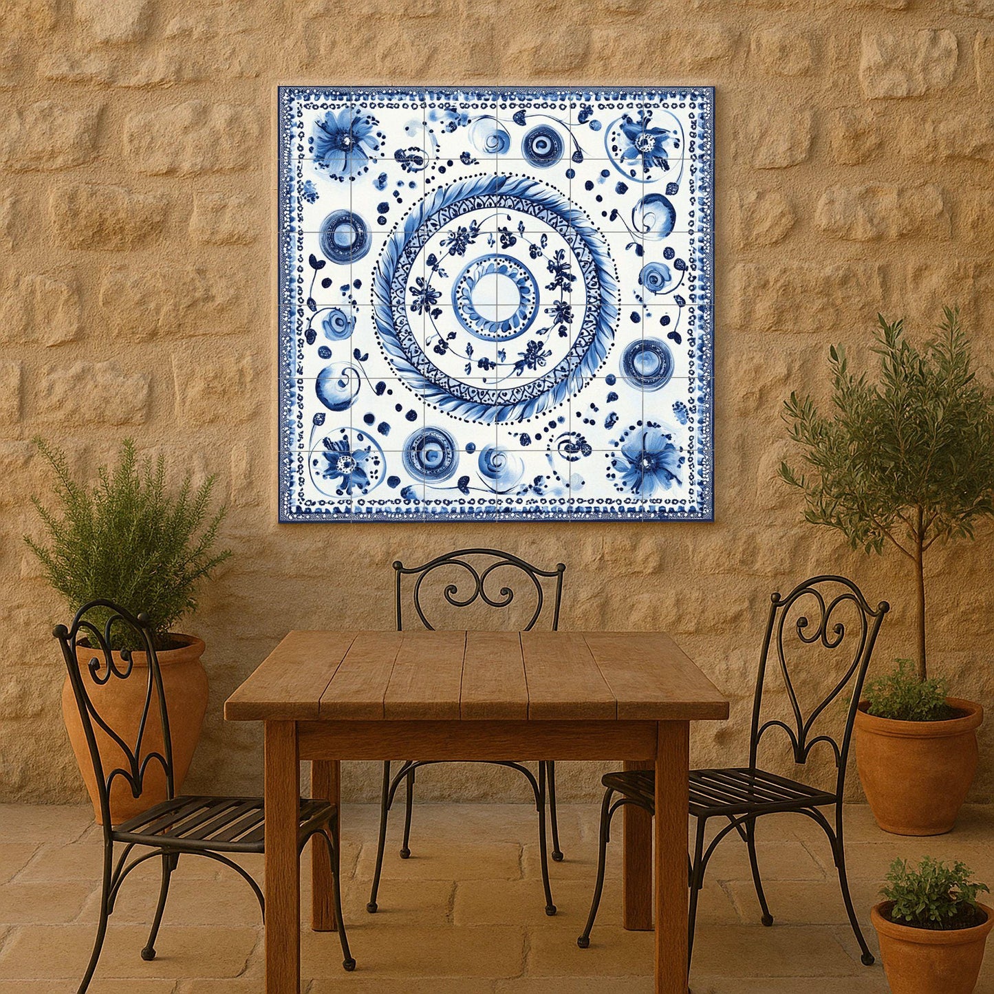 Blue ceramic mural: Bohemian floral spirals and dotted motifs, Modrotisk-inspired design with elegant lace border.