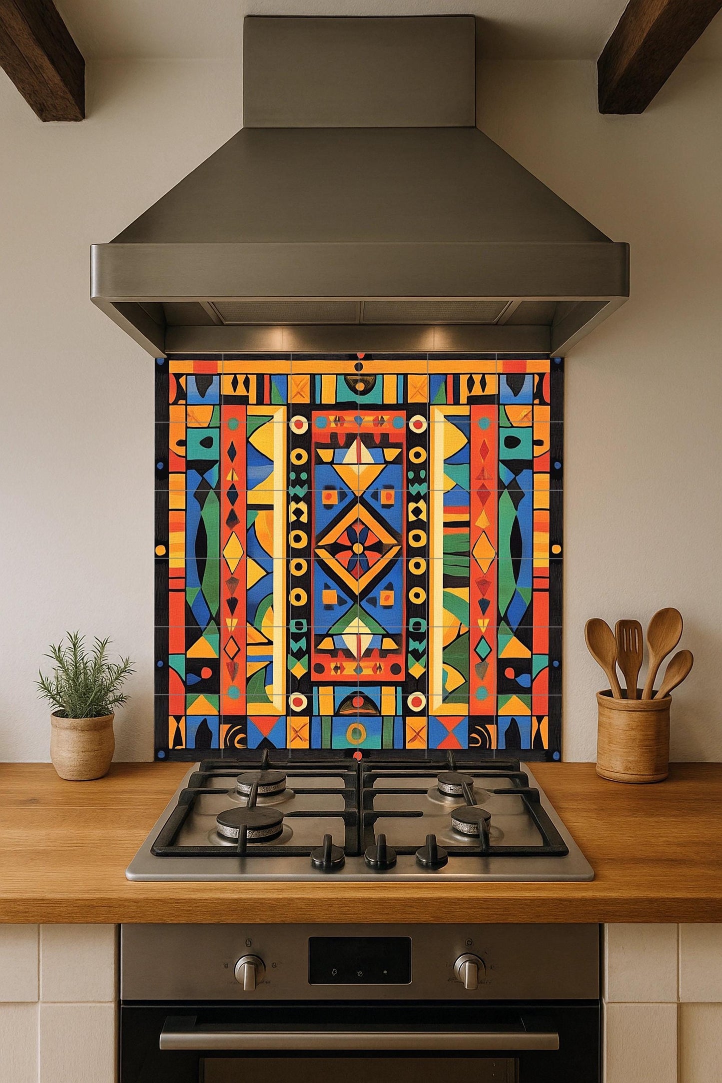 Ceramic mural: vibrant African-inspired geometric design, bold abstract symmetry, decorative artwork with tribal spirit.