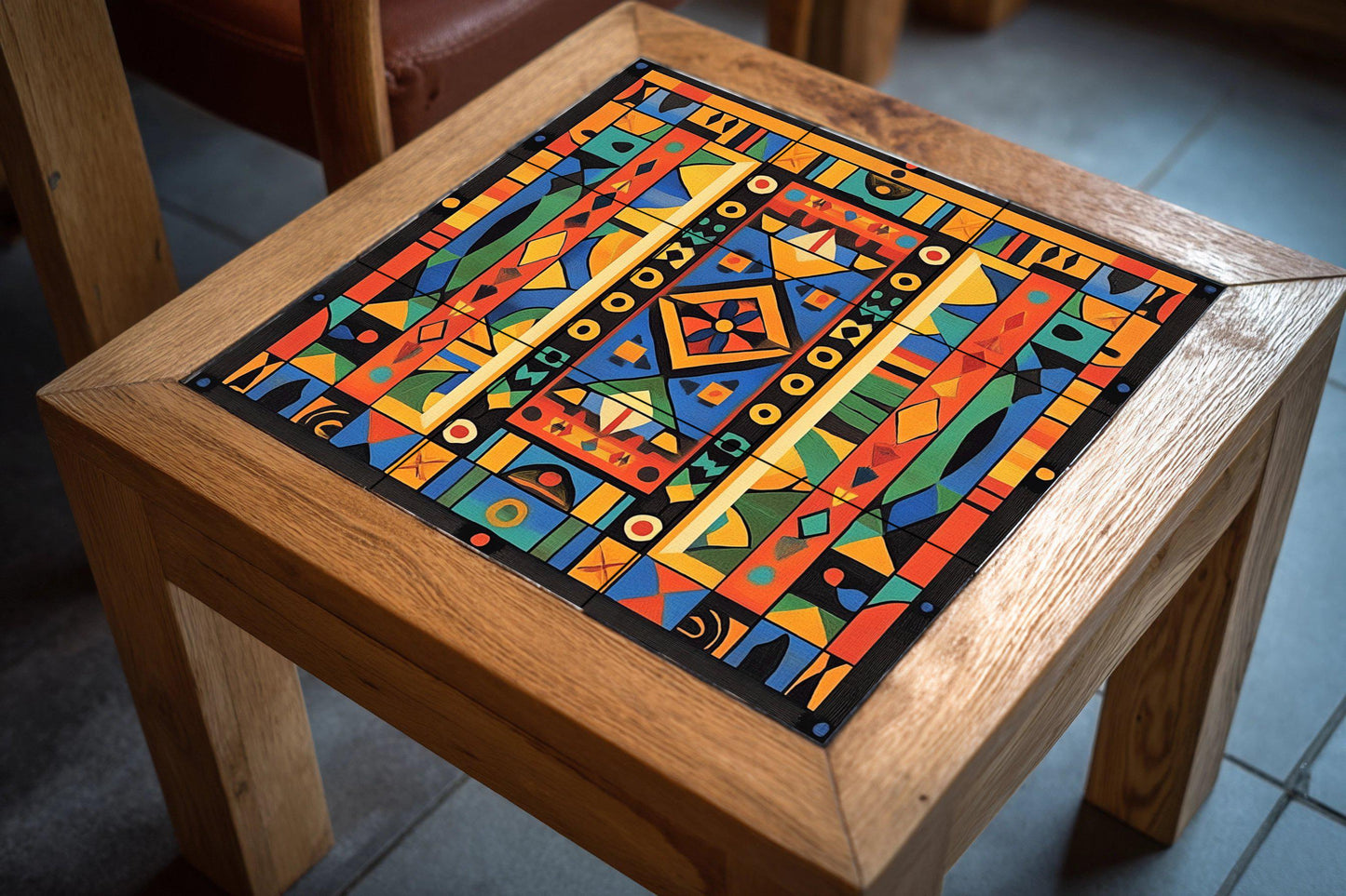 Ceramic mural: vibrant African-inspired geometric design, bold abstract symmetry, decorative artwork with tribal spirit.