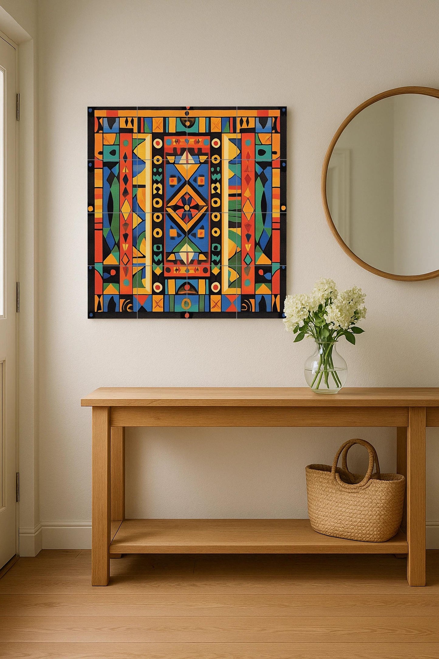 Ceramic mural: vibrant African-inspired geometric design, bold abstract symmetry, decorative artwork with tribal spirit.