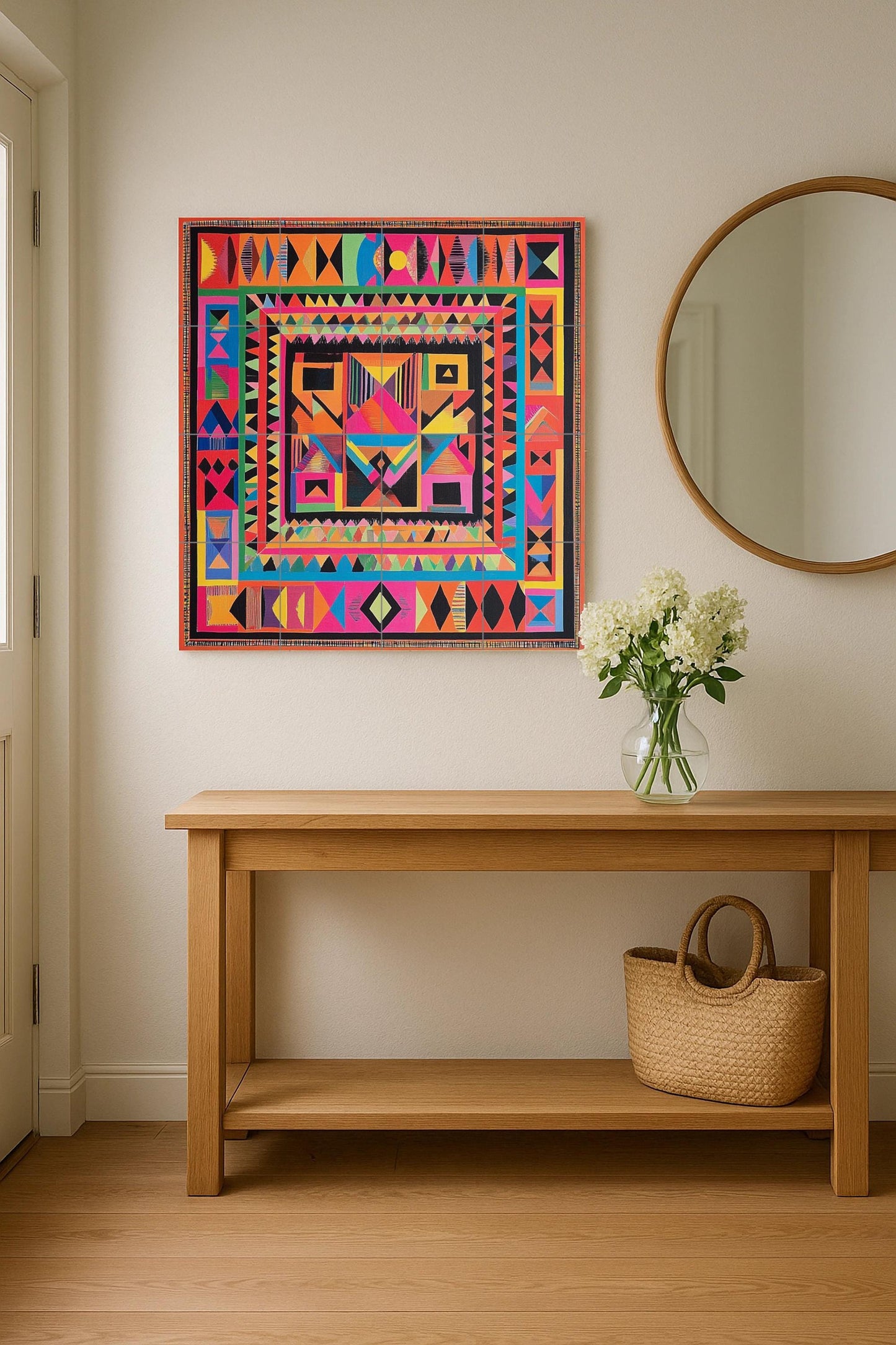Radiant ceramic wall mural: multicolored geometric design, abstract symmetry, vibrant decorative artwork on tiles for bold interiors.