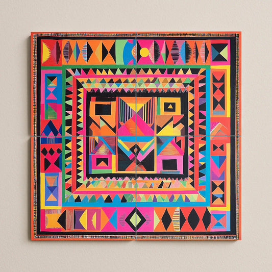 Radiant ceramic wall mural: multicolored geometric design, abstract symmetry, vibrant decorative artwork on tiles for bold interiors.