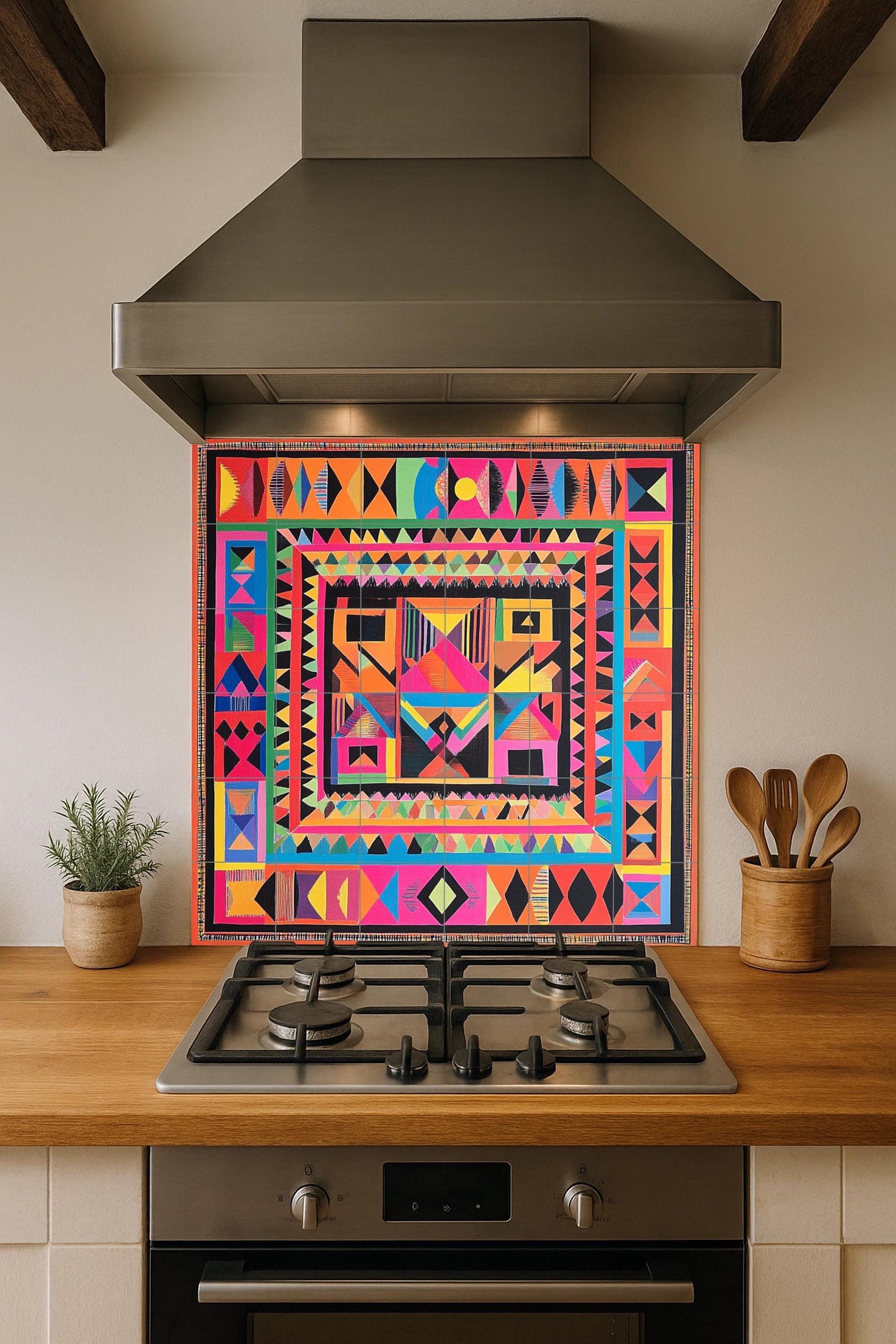 Radiant ceramic wall mural: multicolored geometric design, abstract symmetry, vibrant decorative artwork on tiles for bold interiors.