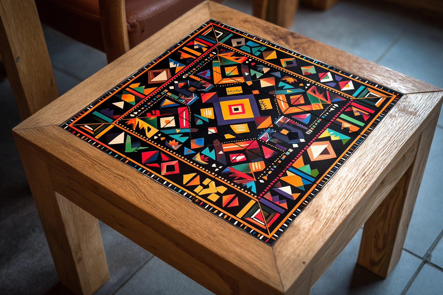 Geometric ceramic wall mural: bold tribal-inspired design, abstract and colorful symmetry, modern decorative artwork.