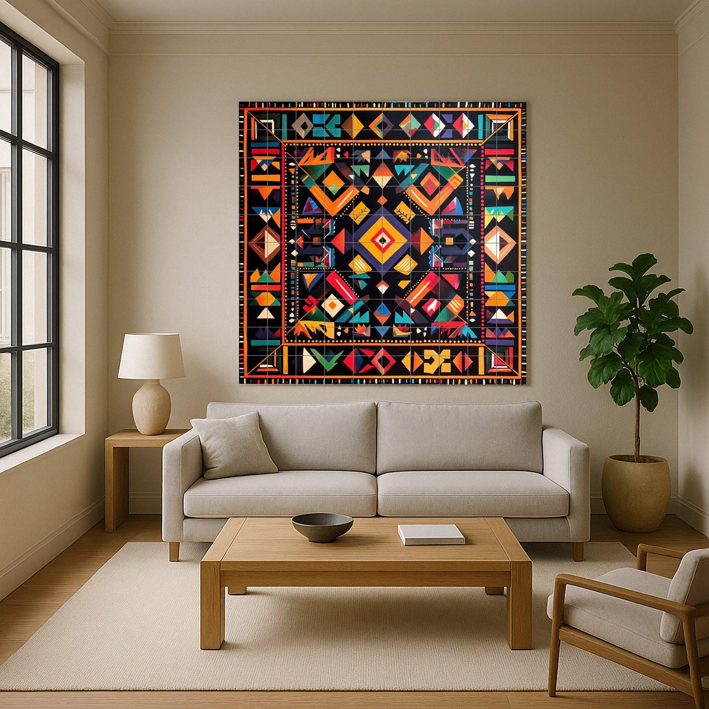 Geometric ceramic wall mural: bold tribal-inspired design, abstract and colorful symmetry, modern decorative artwork.