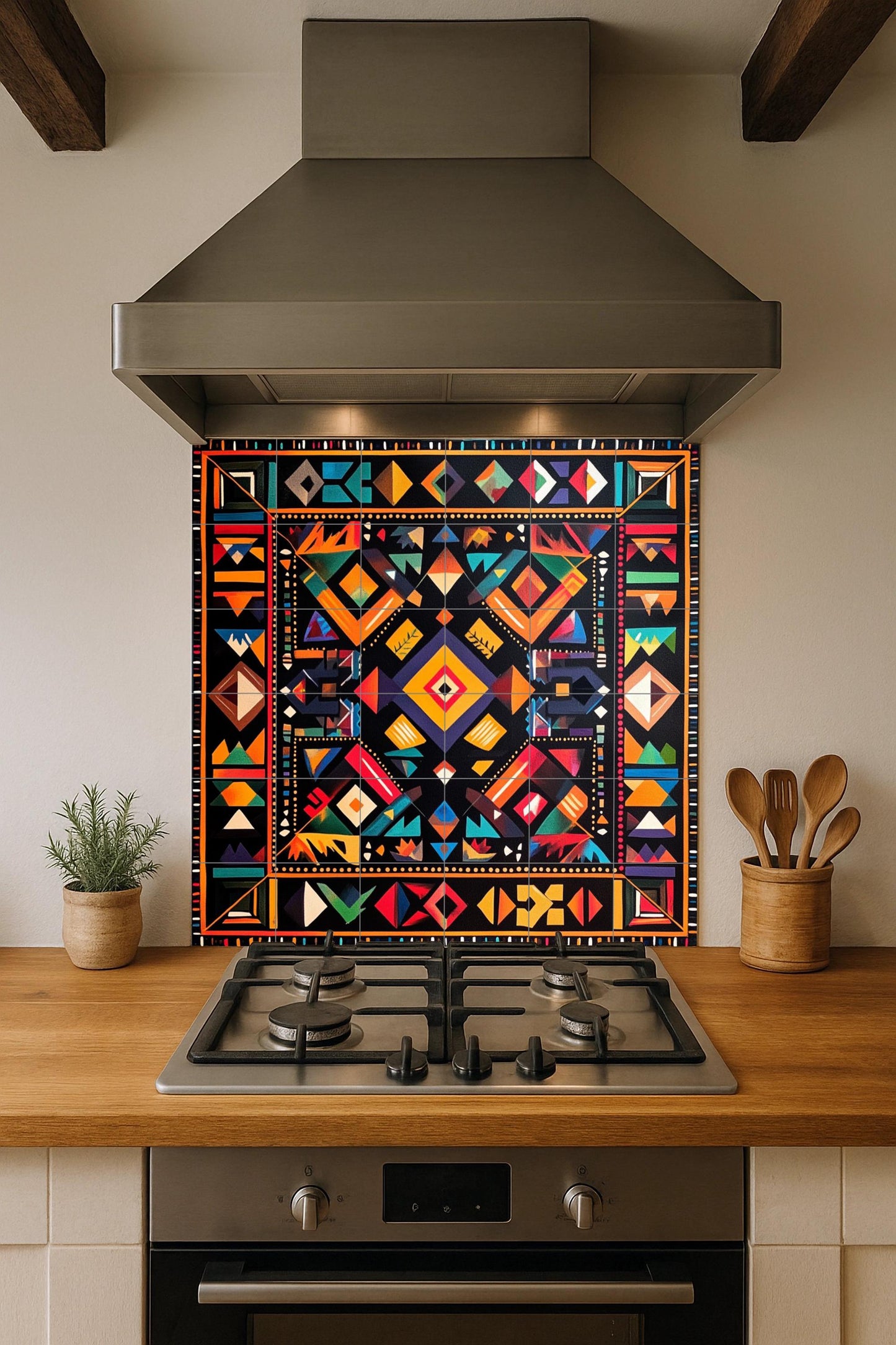 Geometric ceramic wall mural: bold tribal-inspired design, abstract and colorful symmetry, modern decorative artwork.