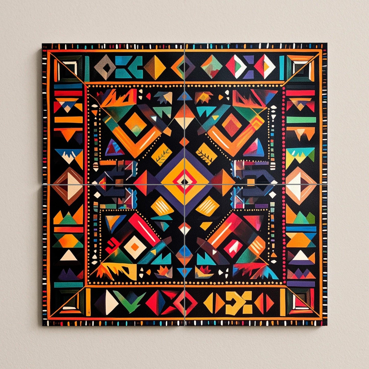 Geometric ceramic wall mural: bold tribal-inspired design, abstract and colorful symmetry, modern decorative artwork.