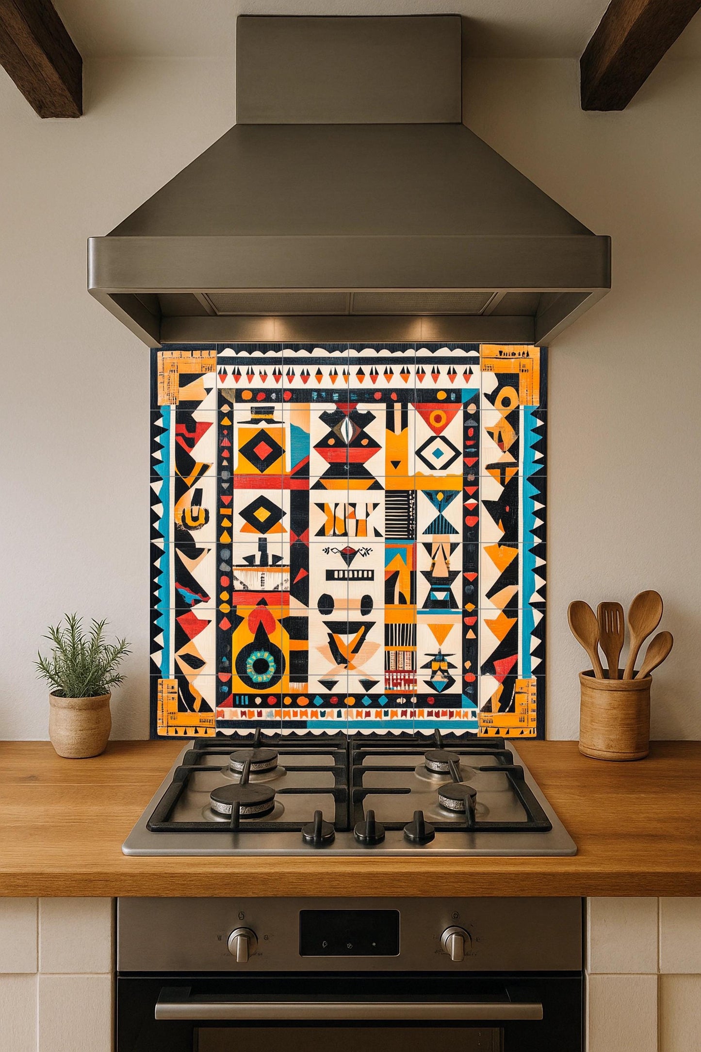 Brazilian indigenous ceramic mural: tribal artwork with geometric motifs and vibrant colors.