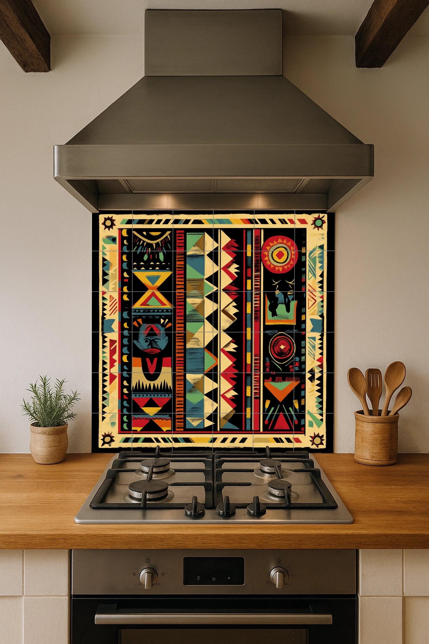 South American indigenous ceramic mural: tribal artwork with geometric motifs, solar symbols, ancestral motifs and vibrant colors.