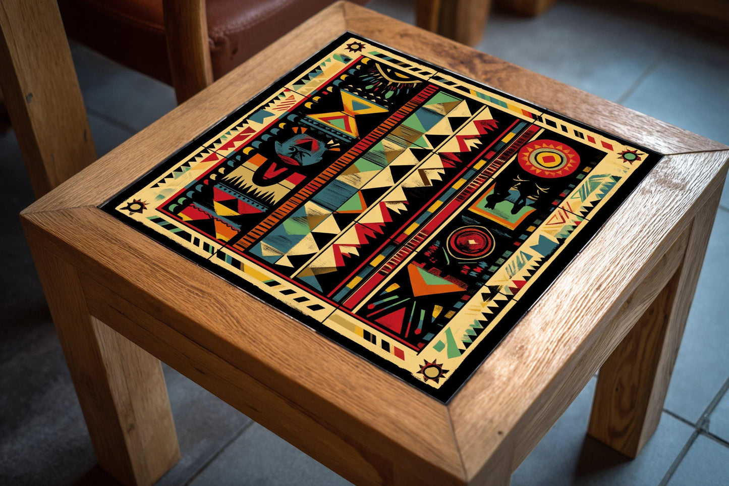 South American indigenous ceramic mural: tribal artwork with geometric motifs, solar symbols, ancestral motifs and vibrant colors.
