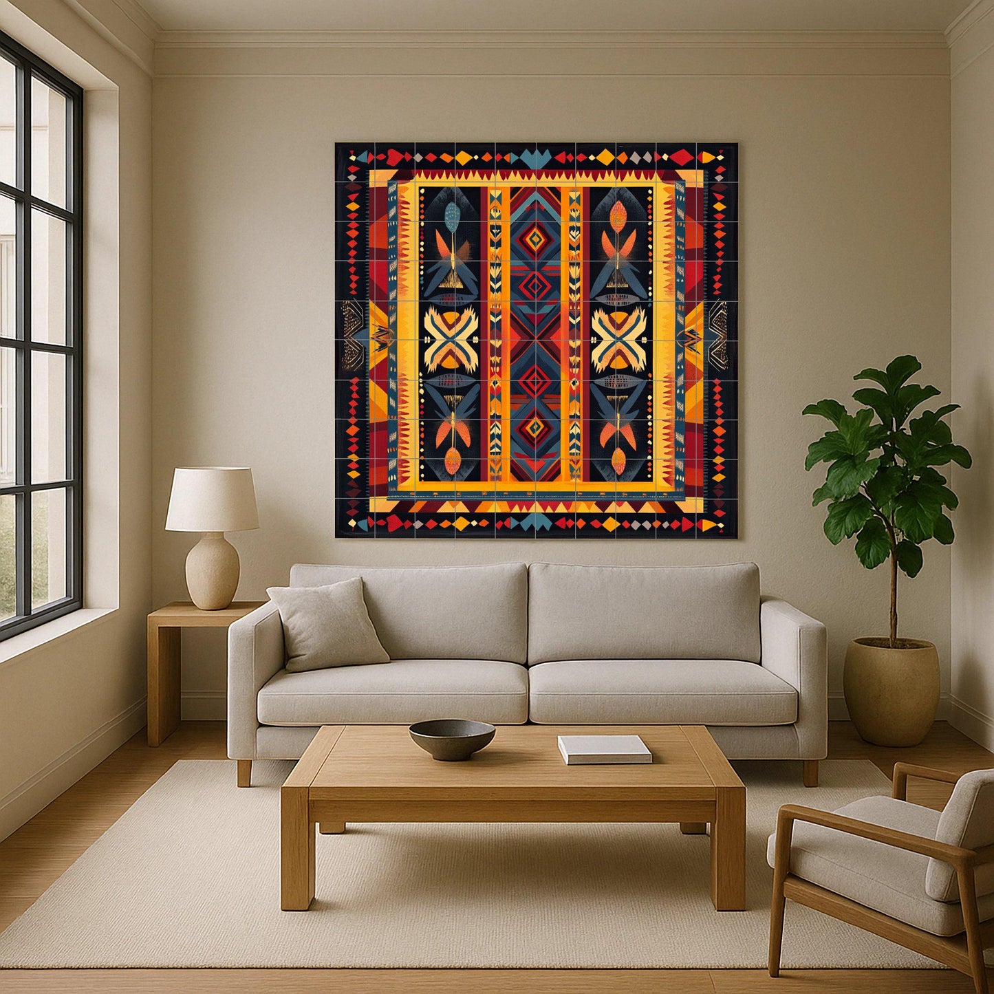 Brazilian indigenous ceramic mural: geometric tribal artwork with body paint symbols, earthy and vibrant colors, and ancestral decoration.