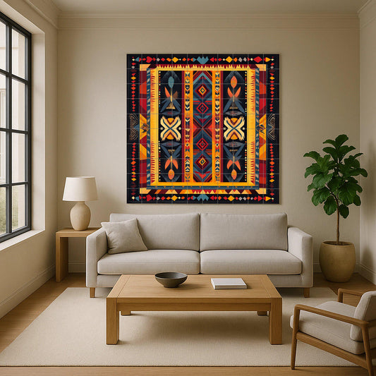 Brazilian indigenous ceramic mural: geometric tribal artwork with body paint symbols, earthy and vibrant colors, and ancestral decoration.