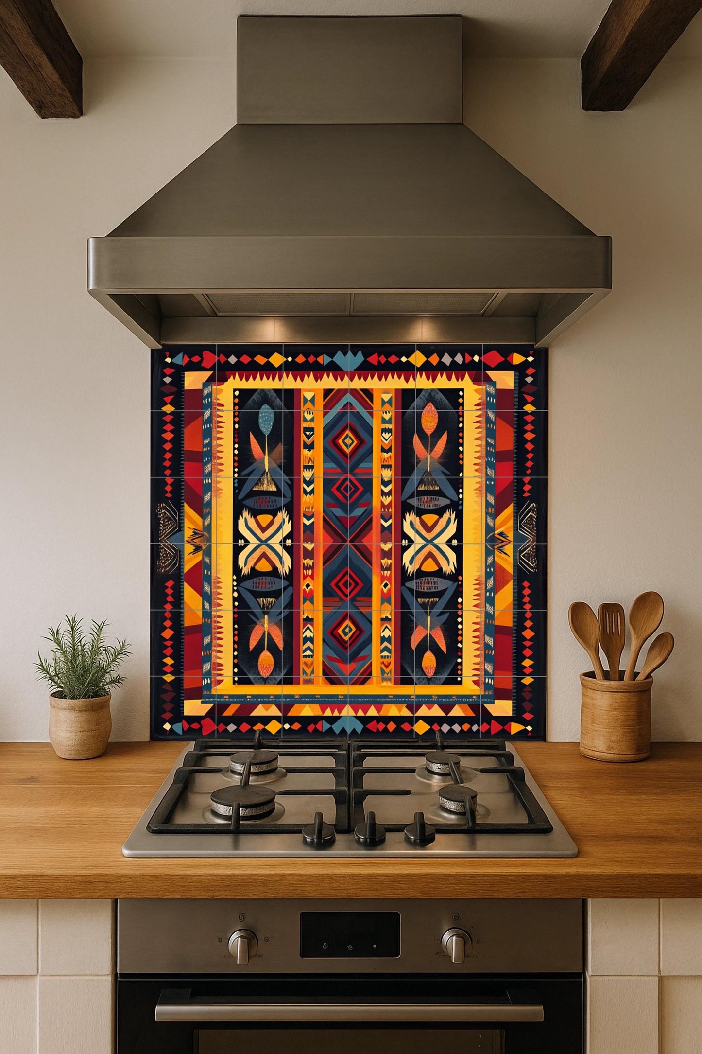 Brazilian indigenous ceramic mural: geometric tribal artwork with body paint symbols, earthy and vibrant colors, and ancestral decoration.