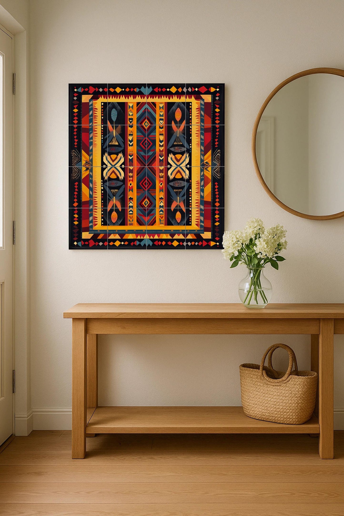 Brazilian indigenous ceramic mural: geometric tribal artwork with body paint symbols, earthy and vibrant colors, and ancestral decoration.