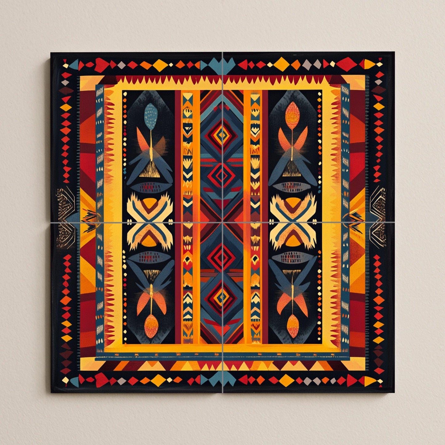 Brazilian indigenous ceramic mural: geometric tribal artwork with body paint symbols, earthy and vibrant colors, and ancestral decoration.