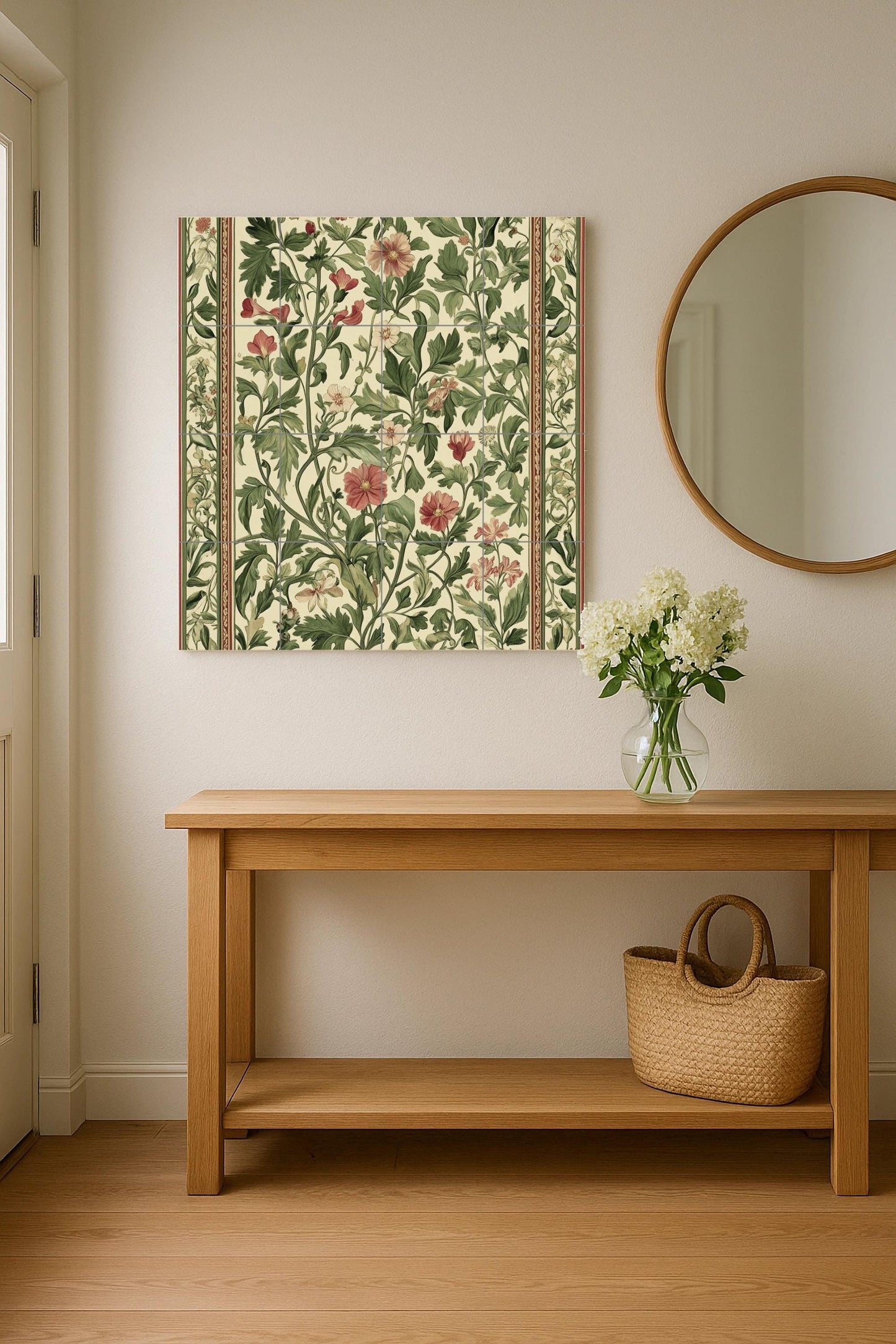 Arts and Crafts ceramic mural: floral tile artwork inspired by William Morris with green foliage, red flowers and classic, elegant decoration.