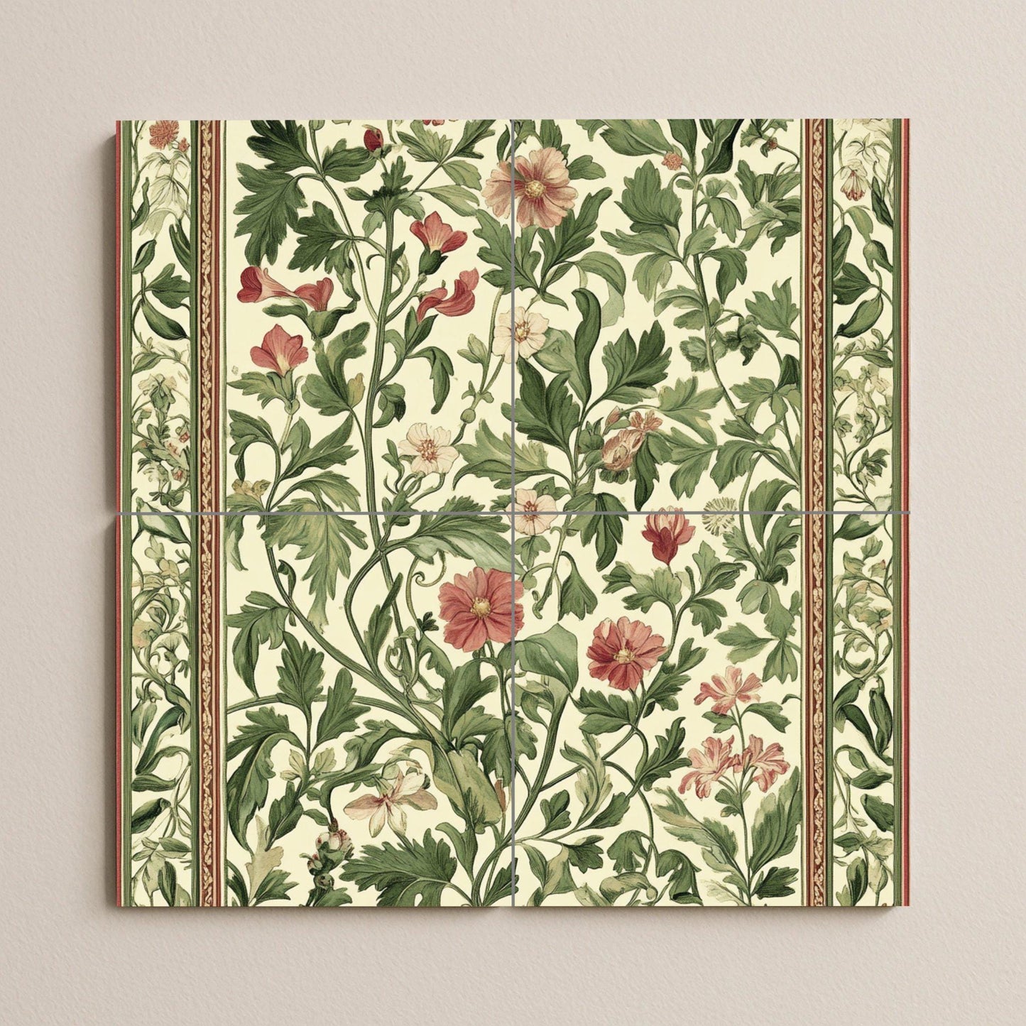 Arts and Crafts ceramic mural: floral tile artwork inspired by William Morris with green foliage, red flowers and classic, elegant decoration.