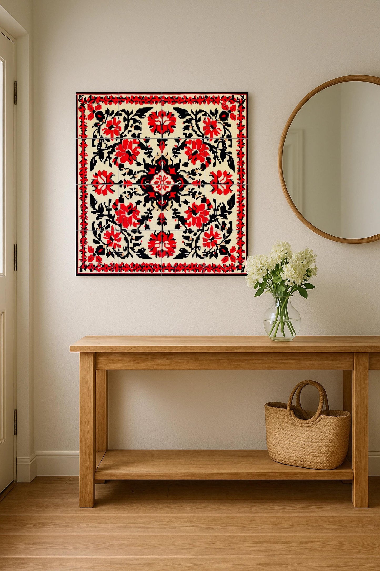 Bulgarian folk ceramic mural: symmetrical floral motifs in red and black with traditional geometric elegance, decorative tile wall art.