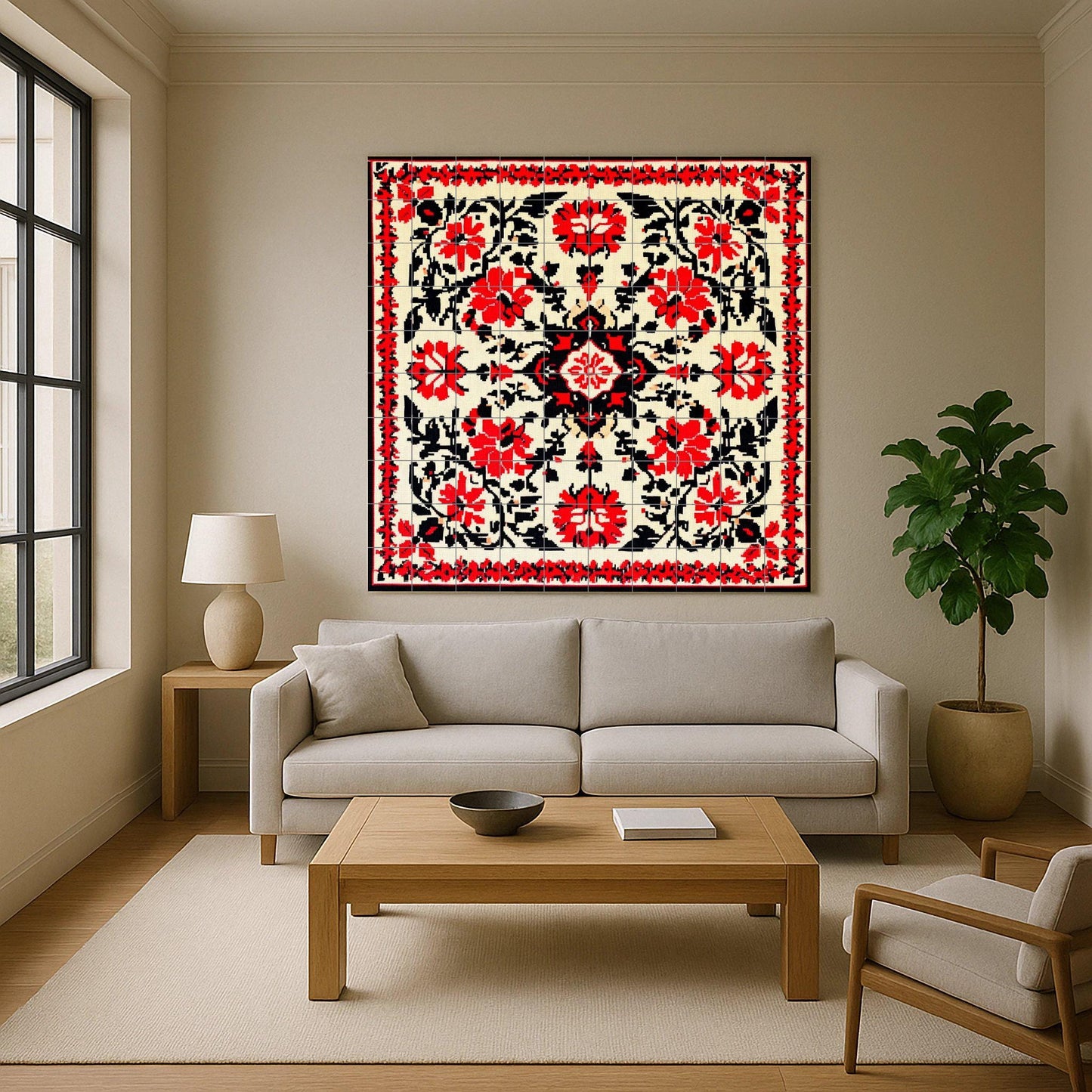 Bulgarian folk ceramic mural: symmetrical floral motifs in red and black with traditional geometric elegance, decorative tile wall art.